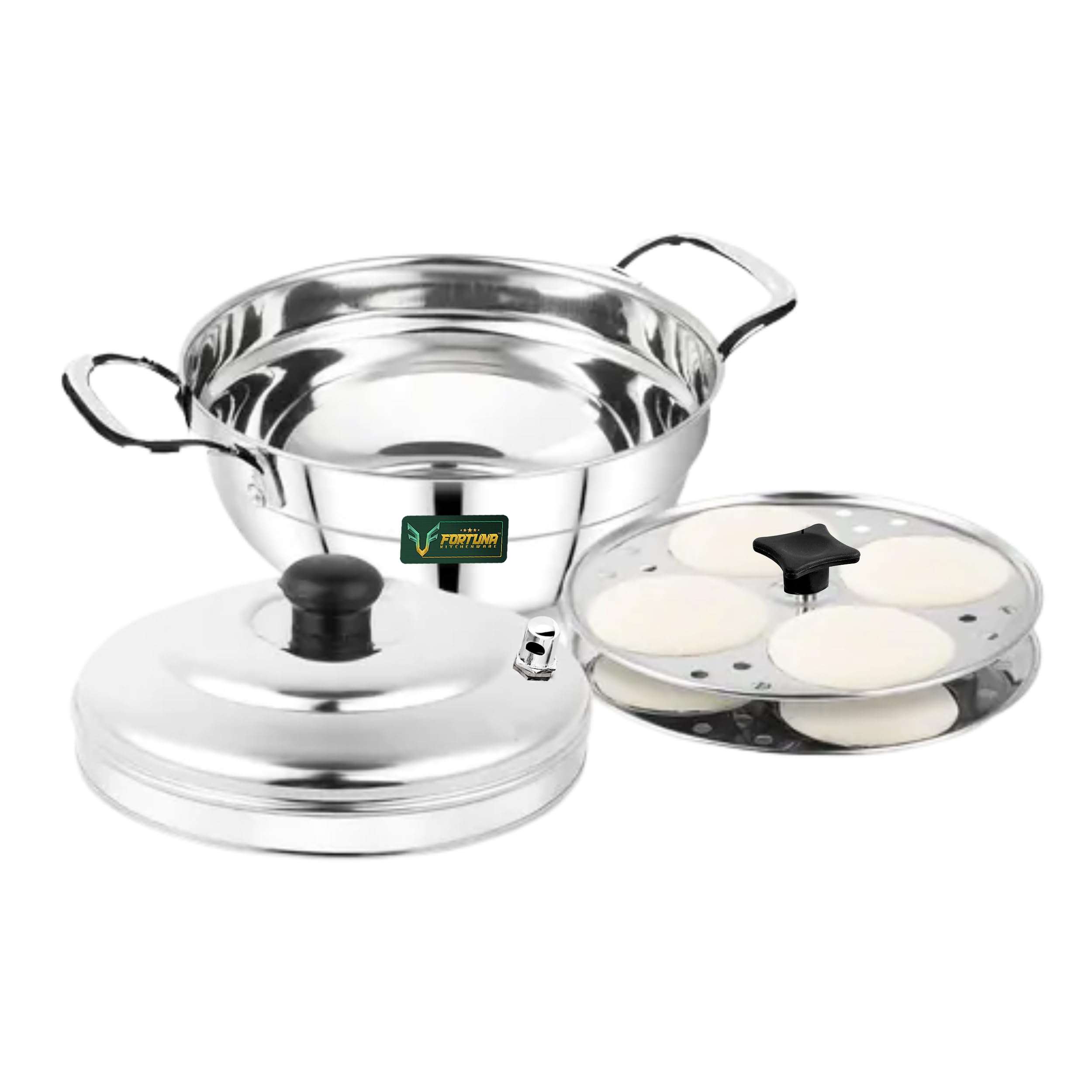 Fortuna Stainless Steel Multi Purpose Kadai with Steel Lid, Idli Maker Steel 2 Idli Plate 8 Cavity Idli Cooker Stainless Steel Idly Pot 6