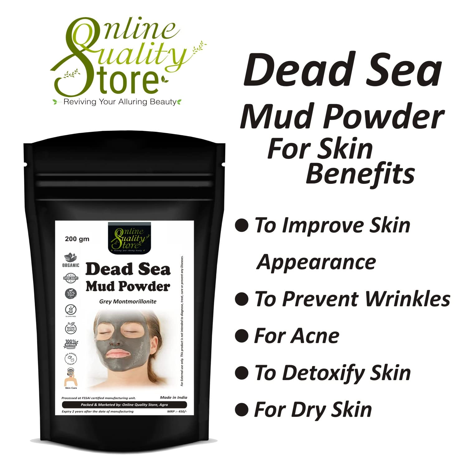 Online Quality Store Dead Sea Mud Powder - 200gm, for Face, Body & Hair | 100% Natural Dead Sea Mud Mask for Face | Face Mask| Dead Sea Mud Revitalizing, Exfoliating Powder Face Pack 2