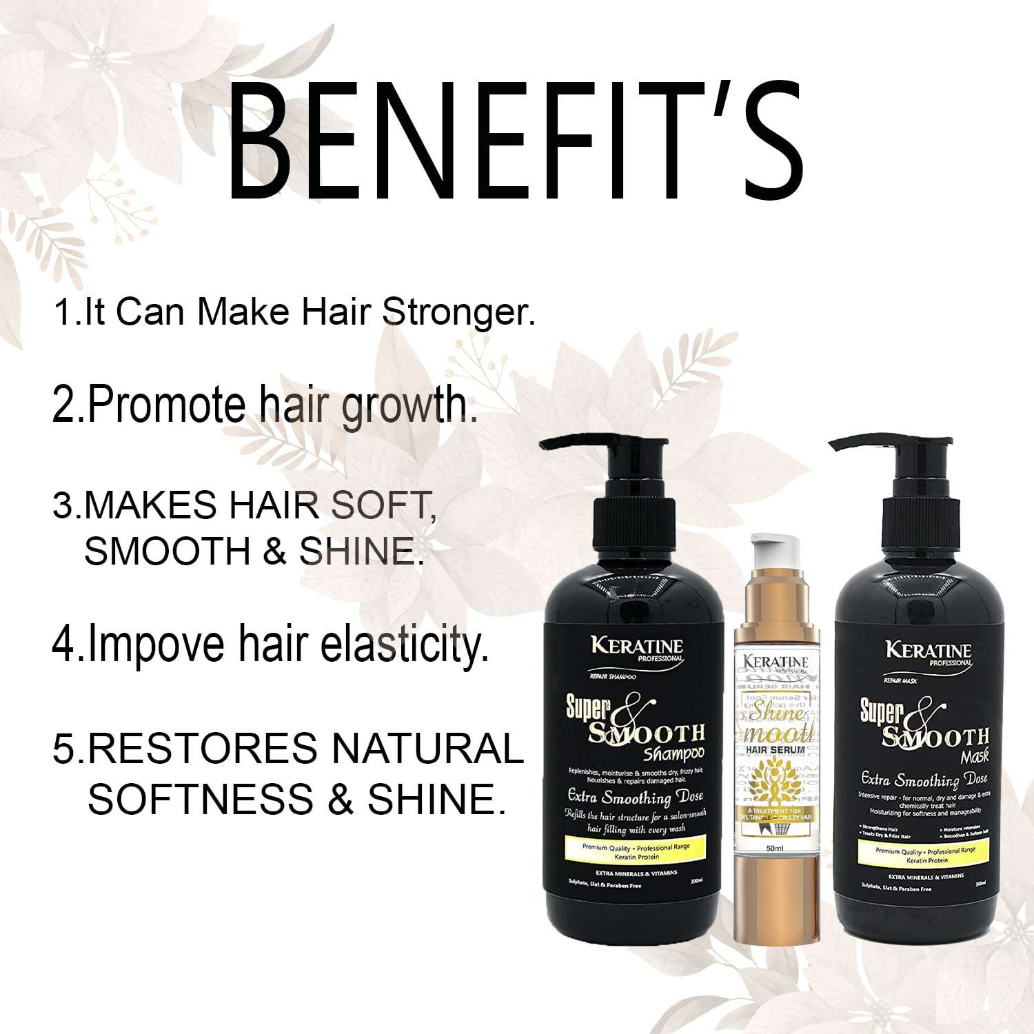 KERATINE PROFESSIONAL Keratin Super Smooth Repair Hair Shampoo, Mask (300 ml) & (50ml) Serum | Infused with Keratin, Collagen & Argon Oil | for Dry Damaged & Color Treated Hair | Made in India 6
