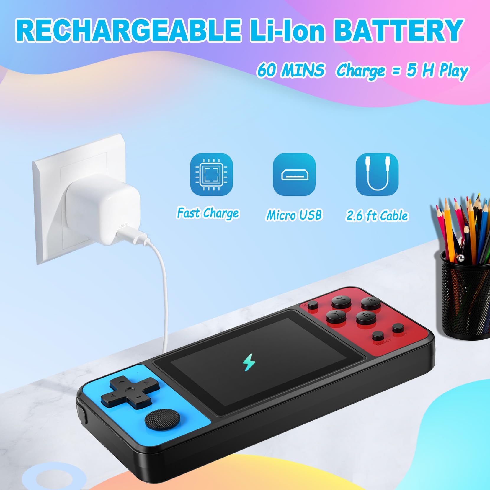 Beico 32 Bit Kids Handheld Games Preloaded 139 Video Games,Portable Electronic Toys with 3.0" IPS Screen Rechargeable Battery,Gaming System Birthday Gifts for Boys Girls Ages 4-12 (Blue-Red) 5
