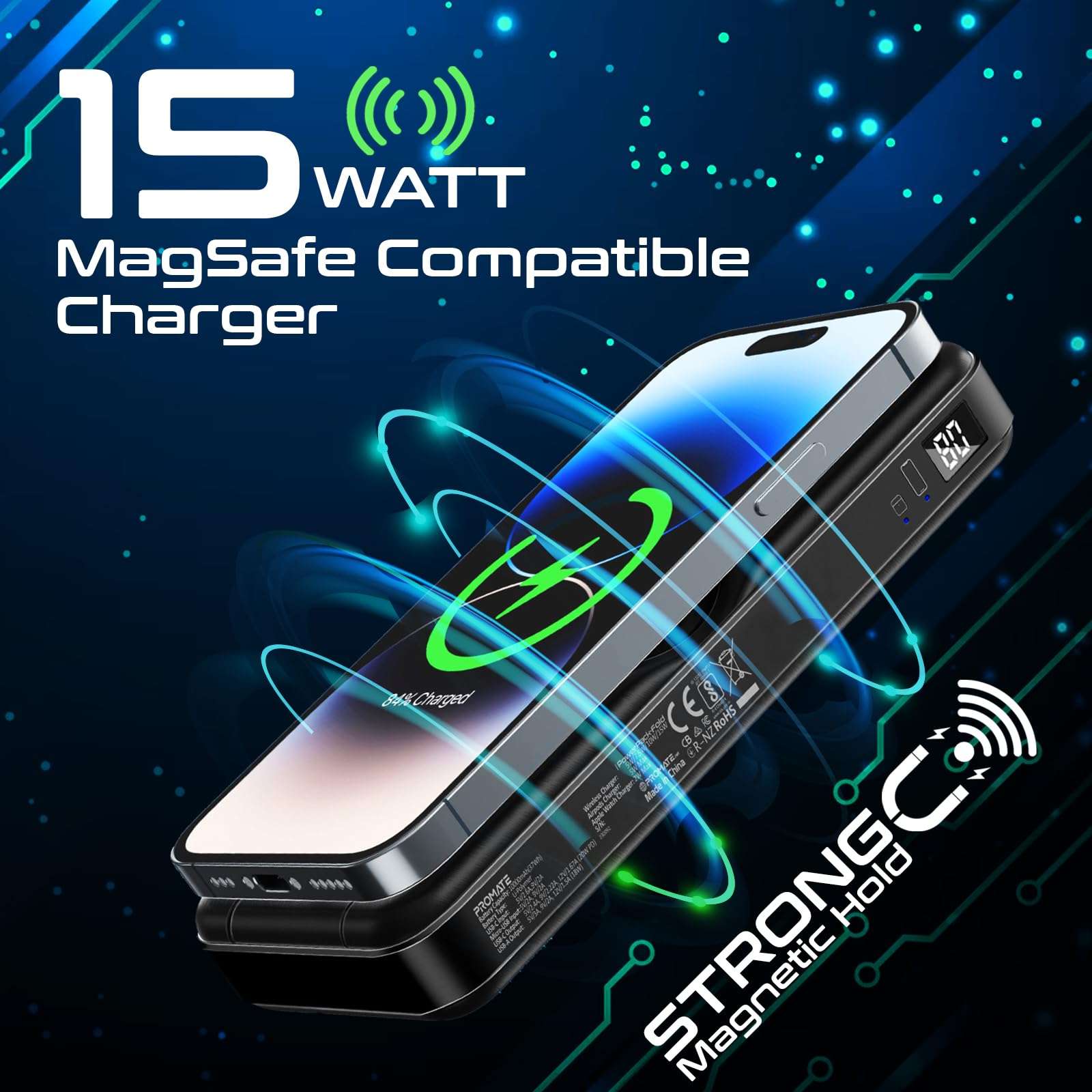 Promate Powerpack-Fold 5 in 1 Magsafe Power Bank, 10000mah 15W Foldable Wireless Powerbank - iPhone 15/15+/15 Pro/15 Pro Max, 14/14+/14 Pro/Max, Apple Watch, Air Pods, 18W USB QC 3.0 Port, 20W USB-C 4