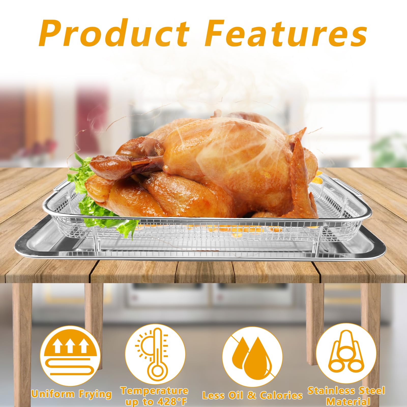 Air Fryer Basket for Oven, 2 Pieces Stainless Steel Air Fryer Baking Pans, 15.39 X 11.42 Inch Crisper Tray, Mesh Grill Basket Replacement, Airfryer Rack for Chicken, French Fry and Frozen Food 3