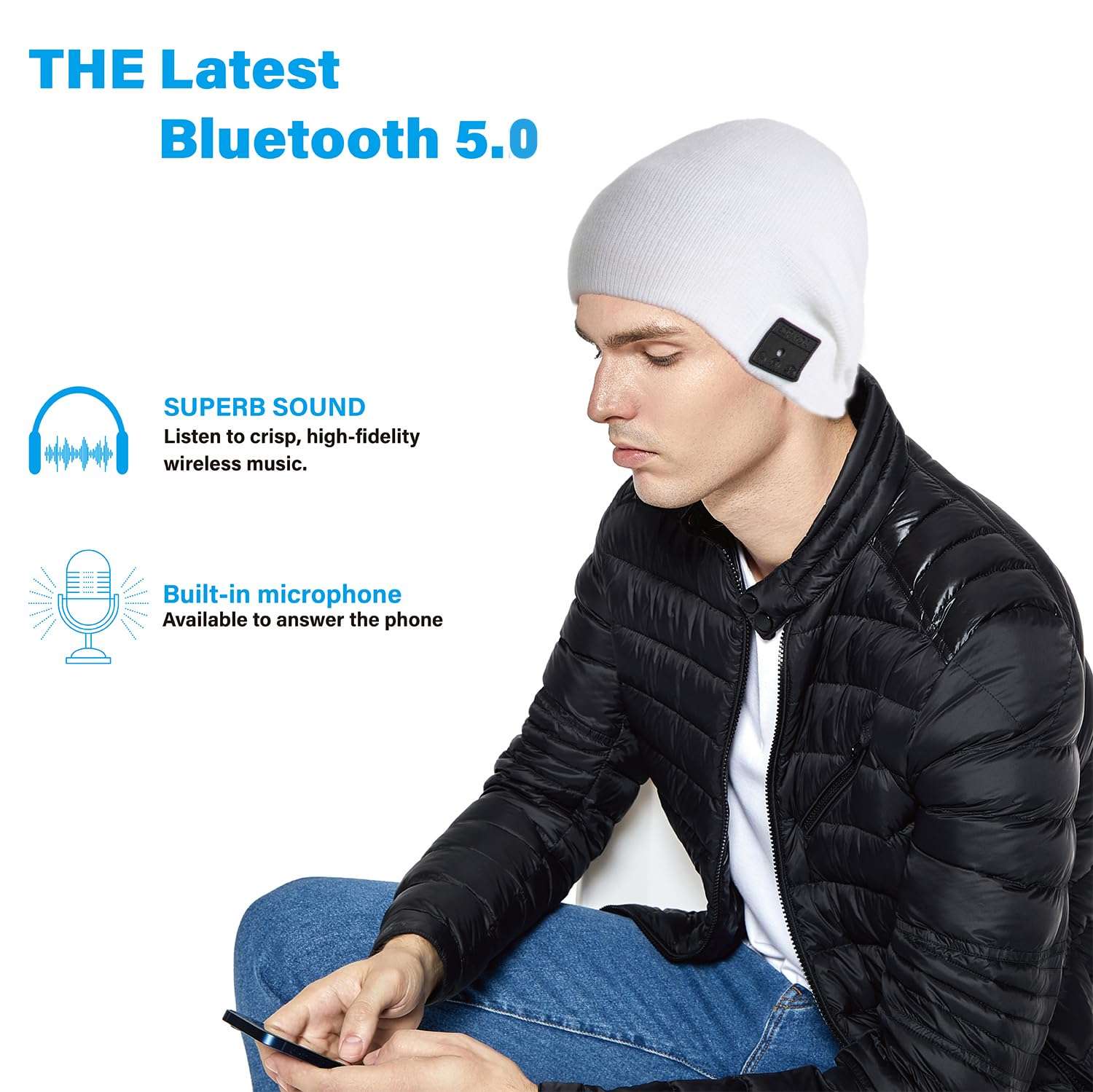 BORAYDA Bluetooth Beanie, HD Stereo, Built-in Mic, Men's/Women's Christmas Electronic Gifts (White) 5