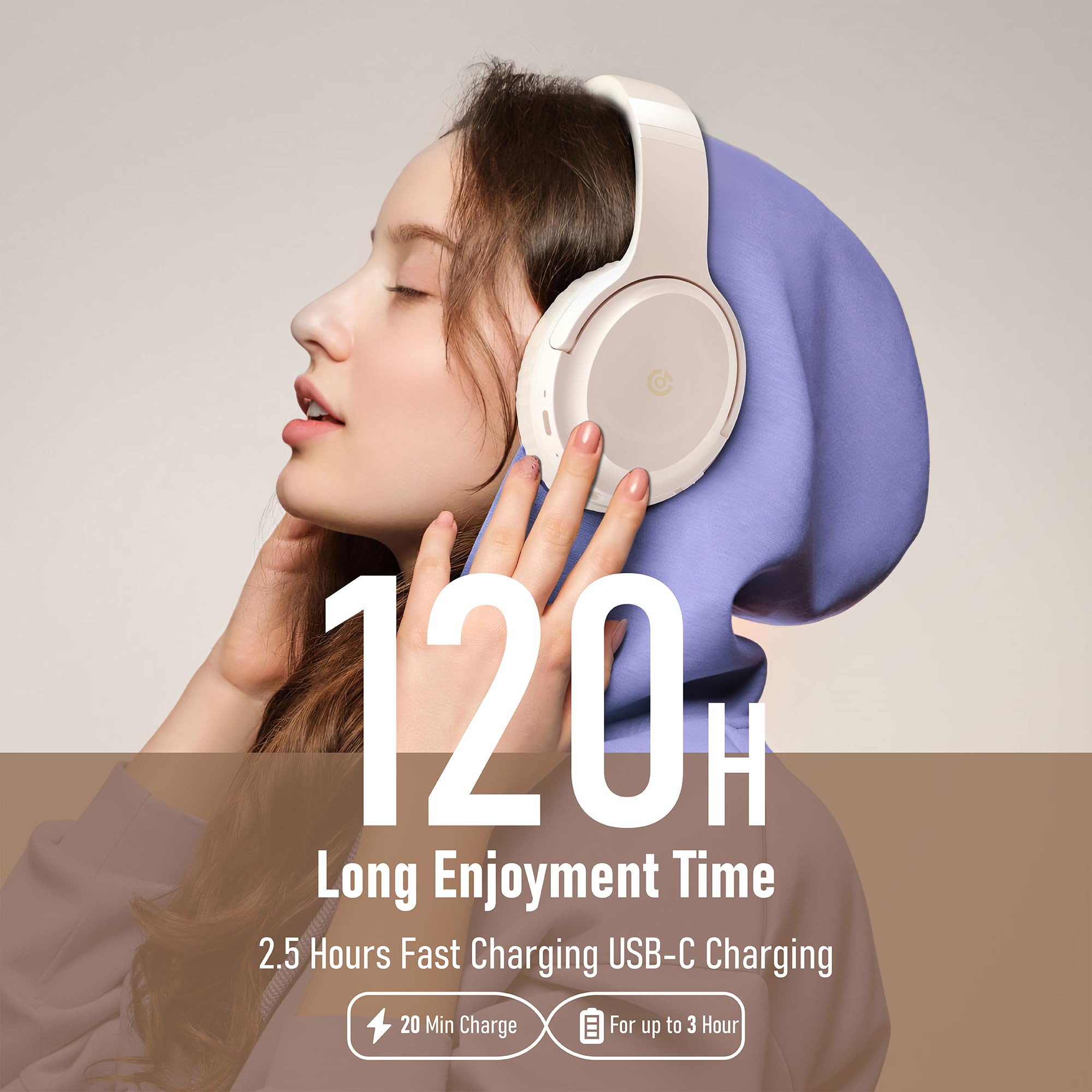 Headphones Wireless Bluetooth 120H Playtime, Over Ear Headphones with Microphone, Lightweight Foldable Wireless Headphones with Headphones Case, HiFi Stereo Sound for Travel/Work/Leisure, White 2