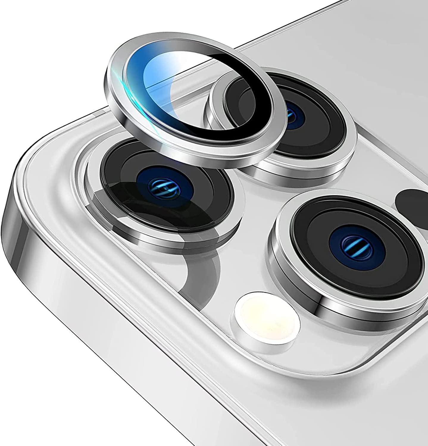 MobileZon Compatible for iPhone 14 Pro Max / 14 Pro Camera Lens Protector Tempered Glass Alloy Metal Rings Protection (Silver) 3