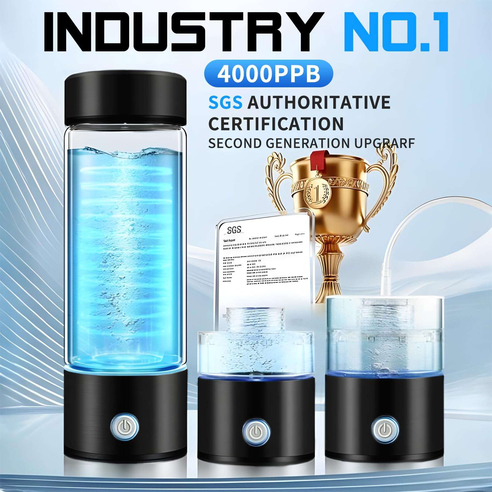 Preshwous Hydrogen Water Bottle, 3 in 1 Hydrogen Water Bottle Generator, 4000 PPB Hydrogen Water Bottles with SPE/PEM Technology, 14 OZ Hydrogen Water Machine for Gym Office School Running 4