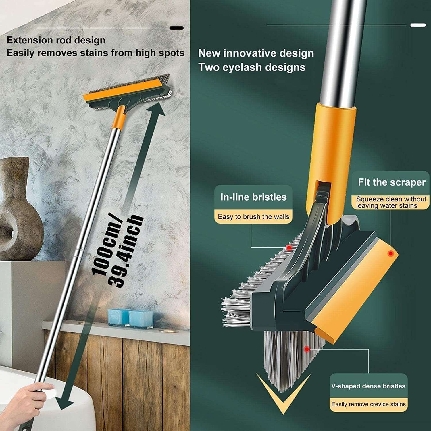 alpsnow 3-in-1 Bathroom Scrub Brush with Long Handle & Wiper, 180° Rotating Floor Scrubber for Cleaning Tile, Bathroom Squeegees, Kitchen & Grout (Green) 4