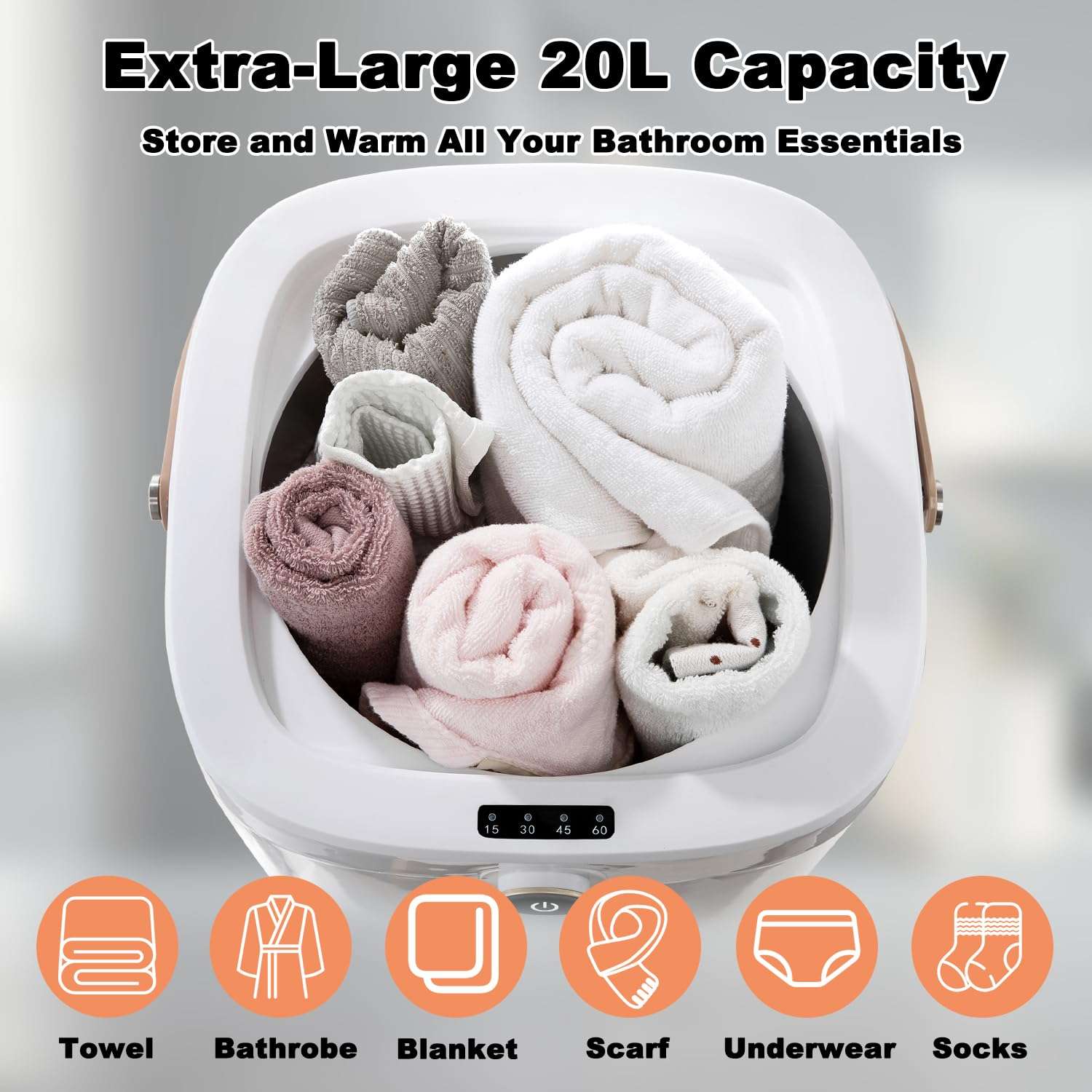 Large Towel Warmer 20L Towel Warmers for Bathroom with 15/30/45/60 Appointment, Portable Handle Towel Warmers Bucket Fits Up to Two 60"X80" Oversized Towels, Bathrobes, Blankets, Grey 6