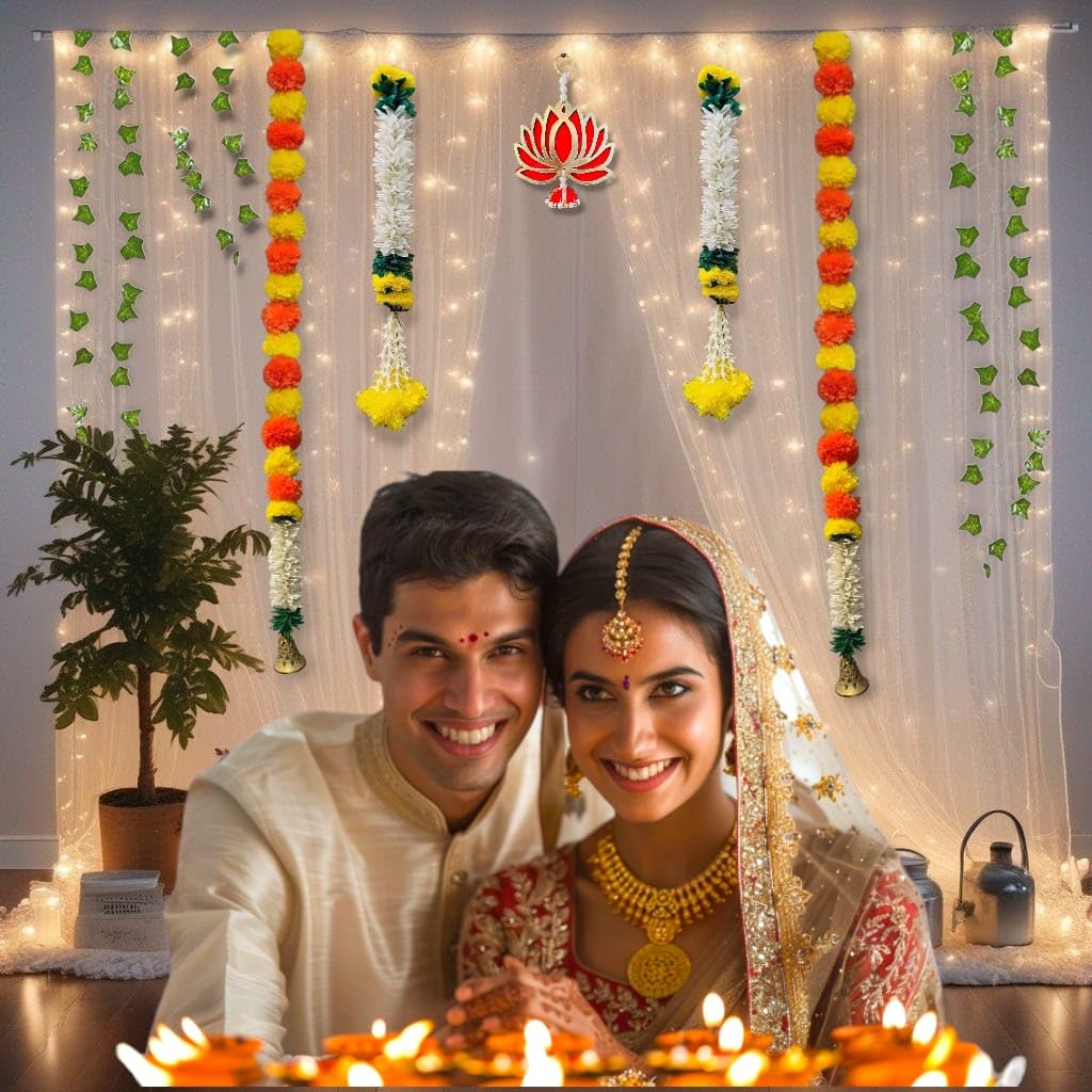 Abhaas Durga Pooja and Ganpati Decoration Items Diwali | Pooja Room Decor Items | Backdrop for Haldi Ceremony with Net Curtains and LED Lights for Decoration with Gajra 4