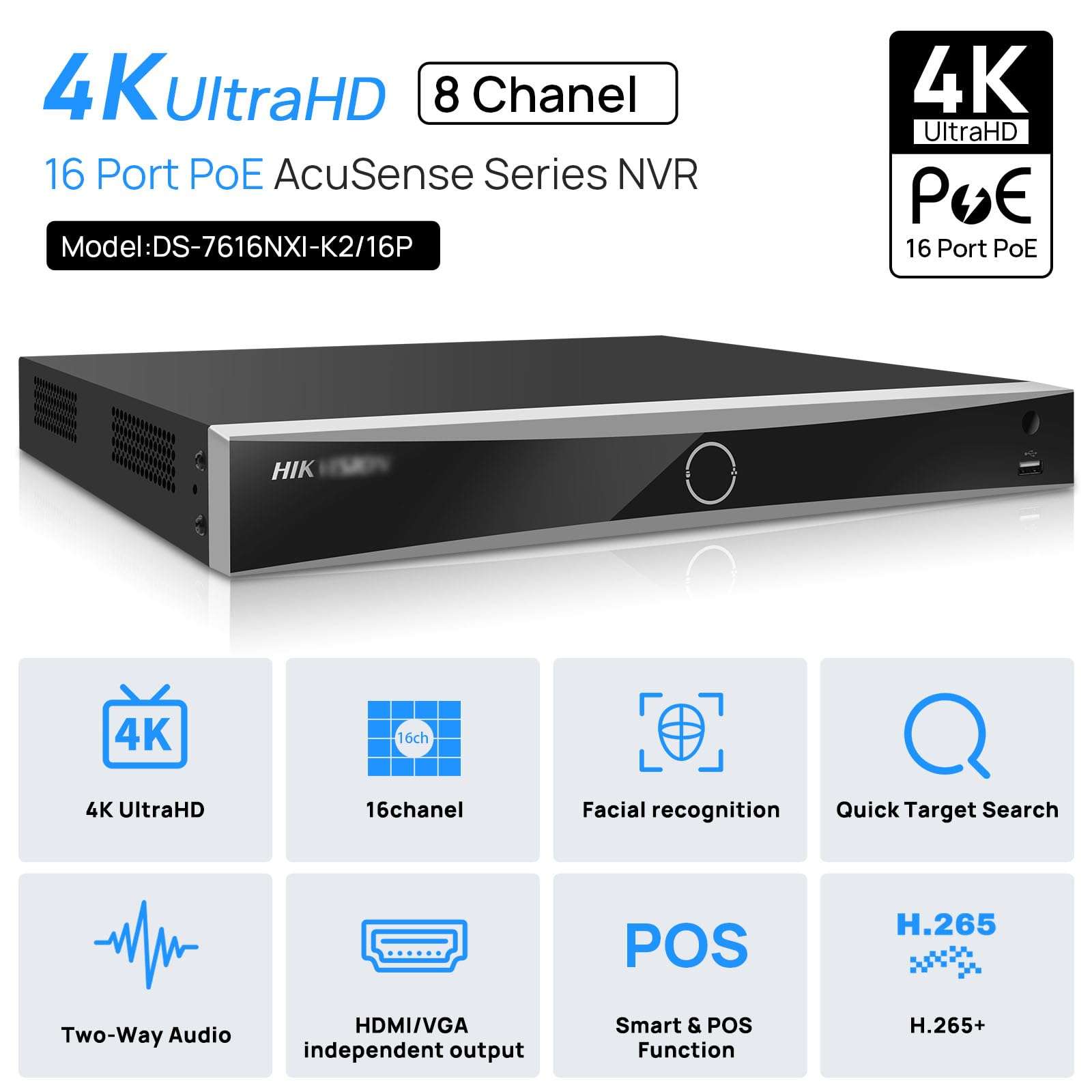 HIK 16-Channel PoE 4K AcuSense Network Video Recorder(DS-7616NXI-K2/16P)，Plug & Play with 16 Power-Over-Etherne,Support Acusense Technology（2024 International English Version） 3