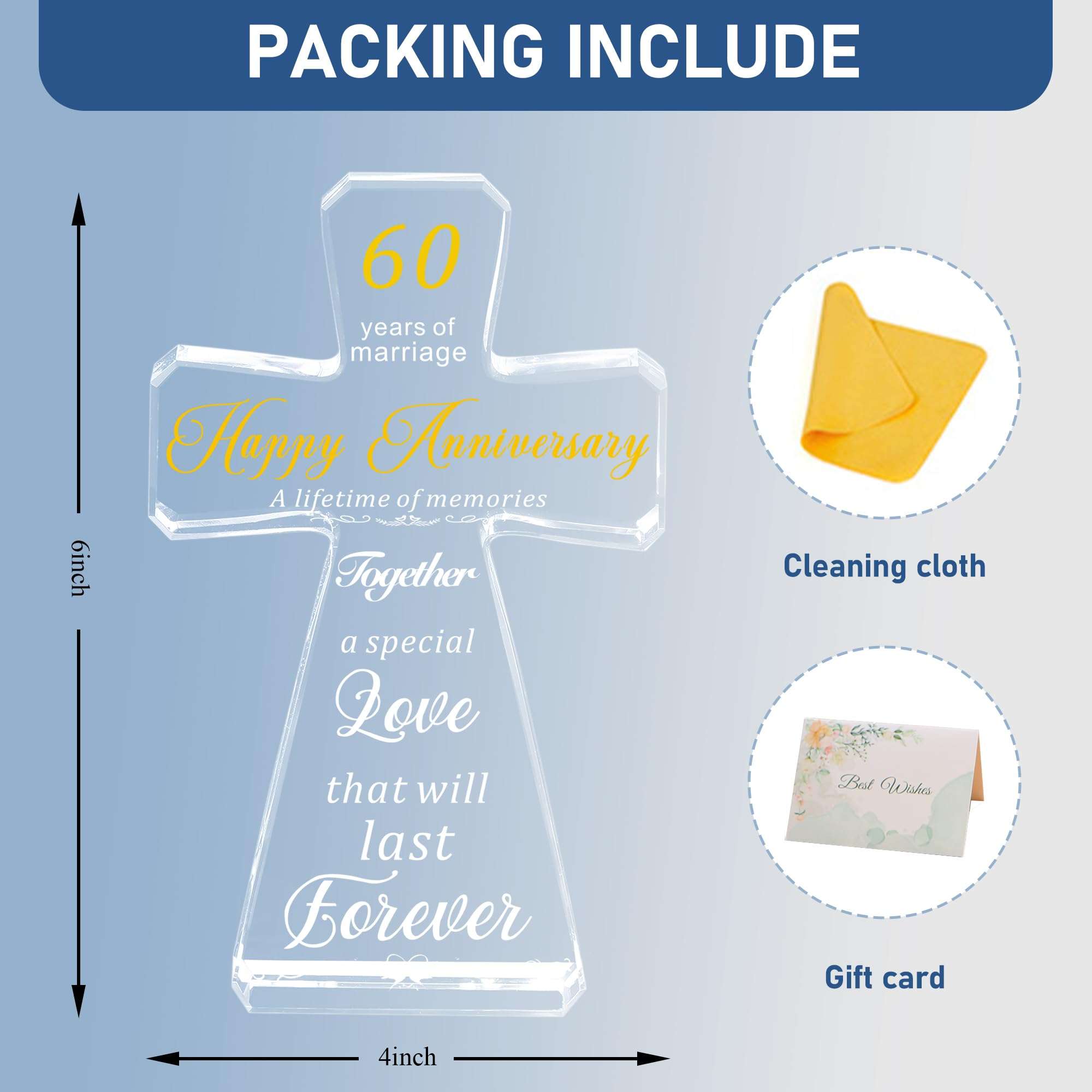 BLUEBOOK 60th Anniversary Wedding Standing Cross Gifts for Couple,4x6in Happy Anniversary Table Decoration Gifts for Parents, 60 Years of Marriage Best Gifts Idea for Women Her Him 3