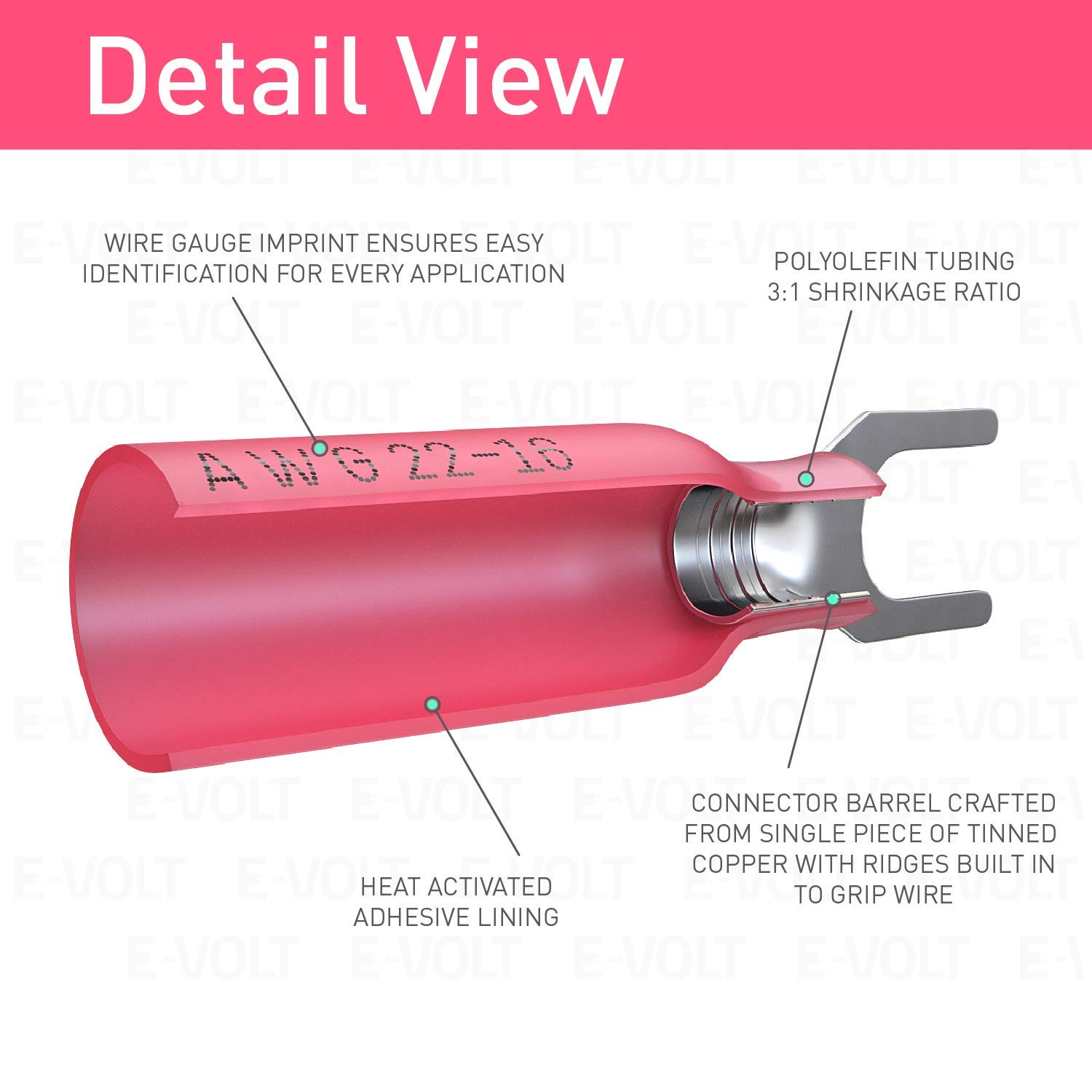 E-VOLT 150 Fork Crimp Connectors – 3:1 Adhesive Heat Shrink Red Crimp Terminals for 22 20 18 16 Gauge Wires – Industrial Grade Insulated Wire Crimps for Marine, Automotive and Audio Use 4