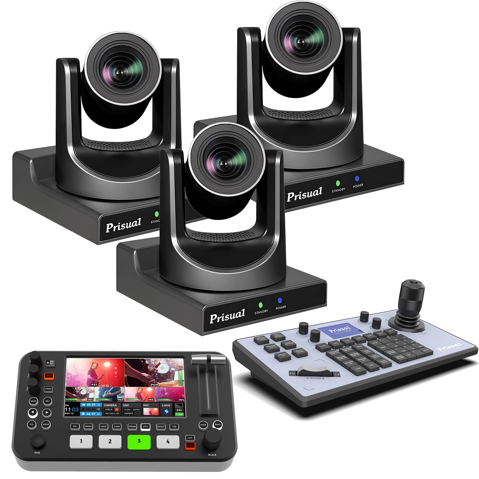 Prisual NDI PTZ Camera Bundle 20X HDMI 3G-SDI IP PoE HDMI PTZ Camera for Church Live Streaming(3pcs) + R2 Pro Video Switcher + TEM-JOY1 PTZ Controller