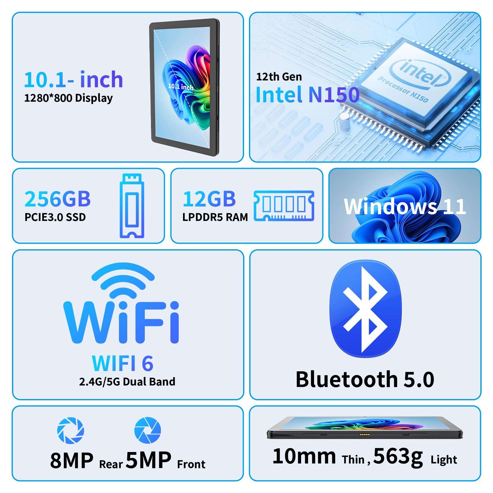 AWOW Windows 11 Tablet with Keyboard: 10.1" in-Cell Display Tablet PC, Mini Laptop 2-in-1, Intel N150, 12GB RAM 256GB SSD, PD 36W Fast Charging, WiFi 6, BT 5.0, HDMI, Type-C, 8MP+5MP Camera 3