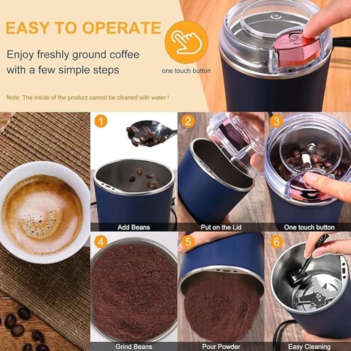 Electric Coffee Grinder,4 Blade Stainless Steel Mini Mixer Grinder for Home,Easy On/Off One-Touch Push Button Coffee Grinder Spices, Masala, Herbs, Nuts & Grains Multifunctional Use Mixer 5