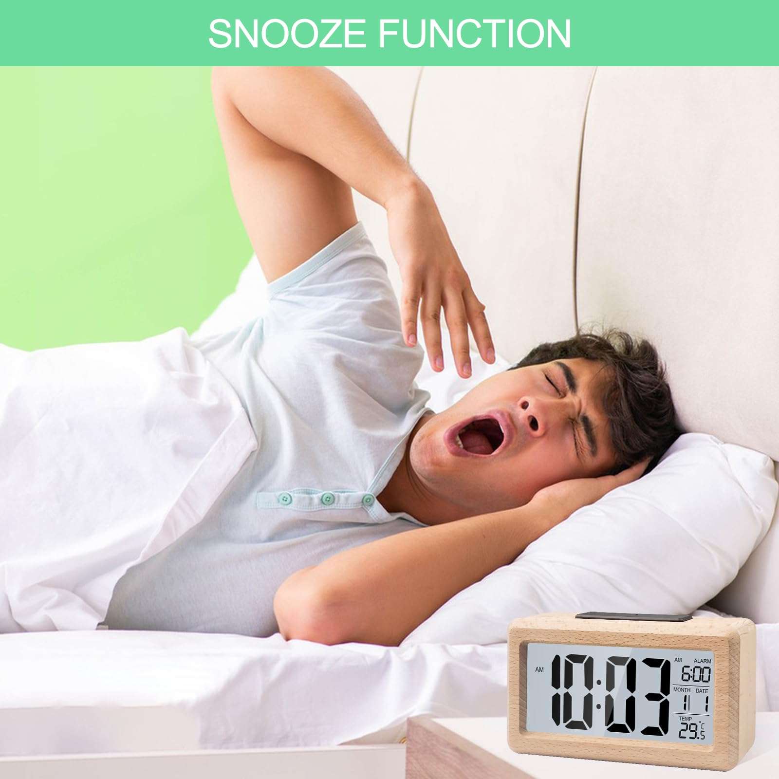 Kadio Digital Bedside Alarm Clock, Table Clock with LCD Display, Alarm Clocks with Temperature Date Snooze, Desk Clock for Home, Bedroom, Kitchen, Office, Battery Powered(Wooden Color) 4