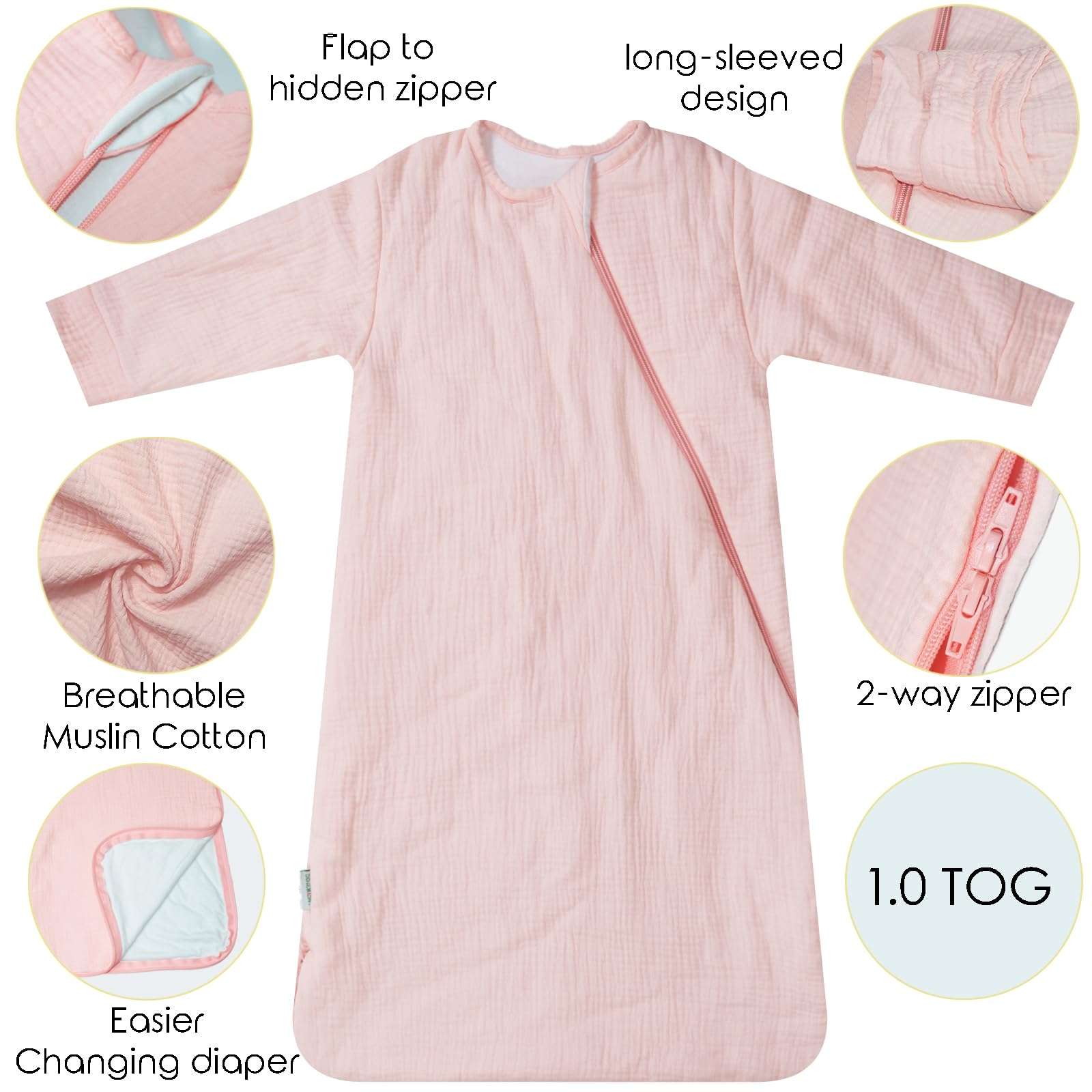Dormlony Muslin Cotton Baby Long Sleeve Sleeping Bag,Unisex Sleep Sack with 2- Way Zipper for Easy Diaper Changes 1.0TOG,(6-18 Months,Pink) 3