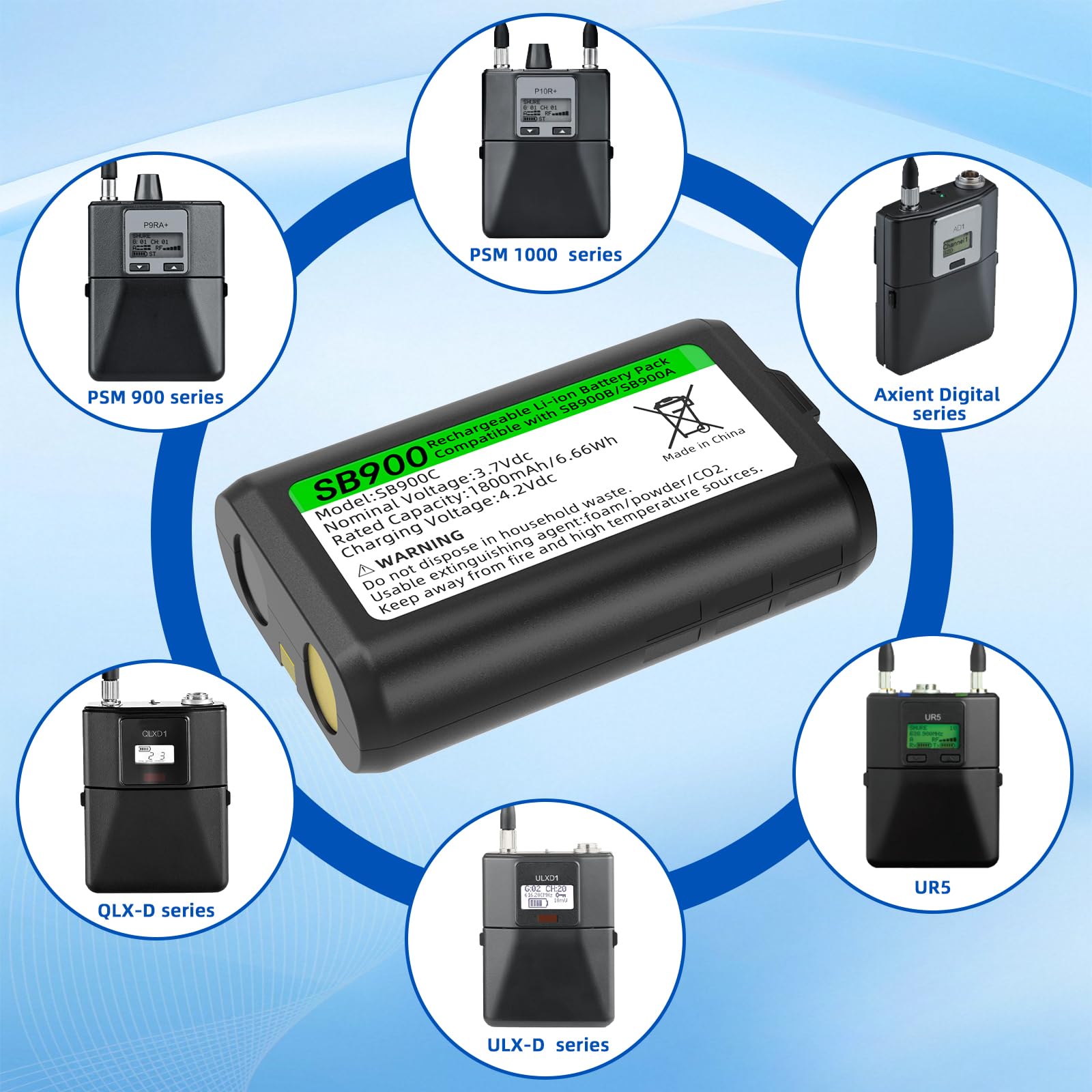 TONAMO for Shure SB900C Lithium-Ion Rechargeable Battery, Compatible with SB900B/SB900/SB900A, for UR5/ULXD1/ULX-D Wireless Mic Transmitters & Receivers 6