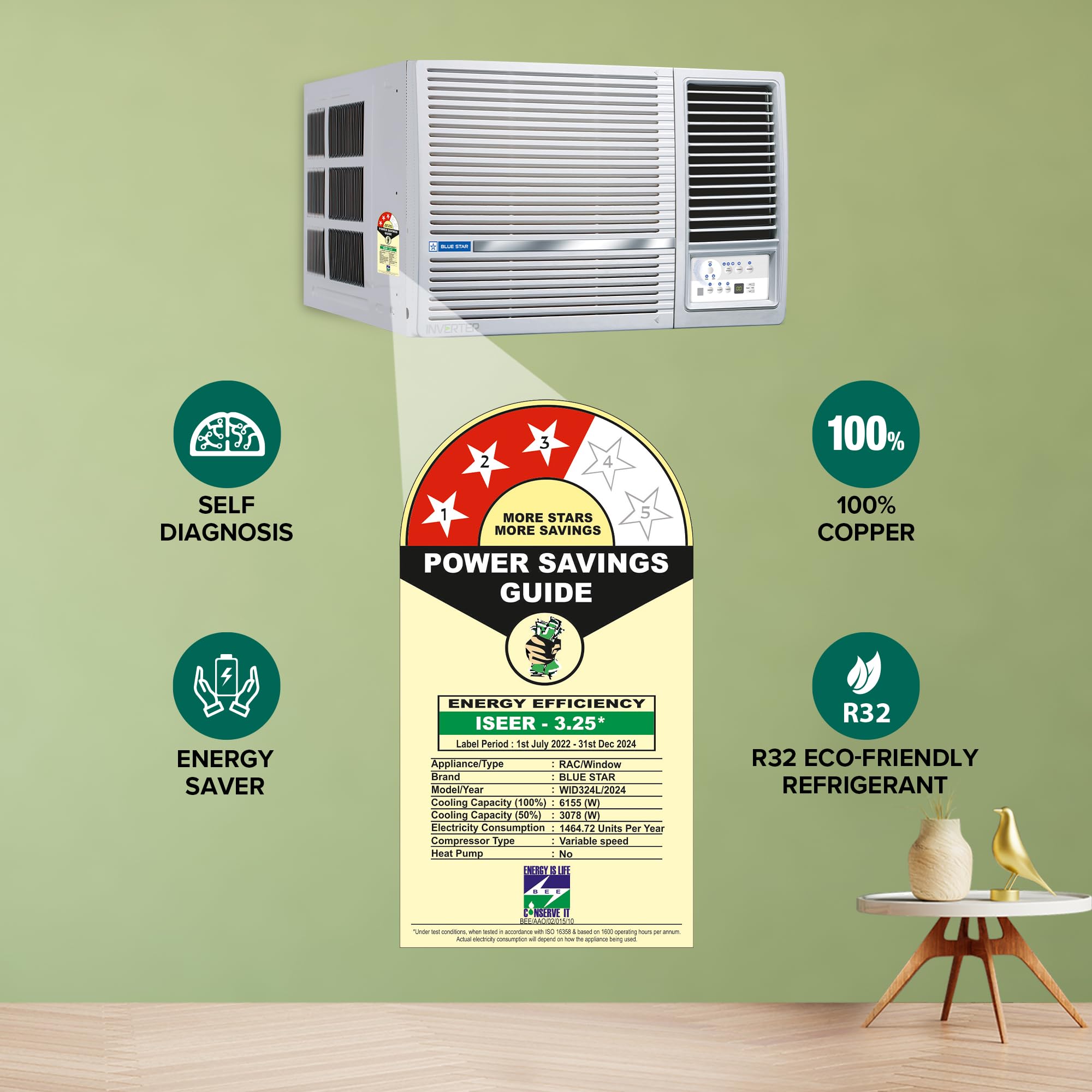 Blue Star 2 Ton 3 Star Inverter Window AC (Copper, Turbo Cool, Fan Modes-Auto/High/Medium/Low, Hydrophilic Blue Fins, Dust Filters, Self-Diagnosis, 2024 Model, WID324L, White) 4
