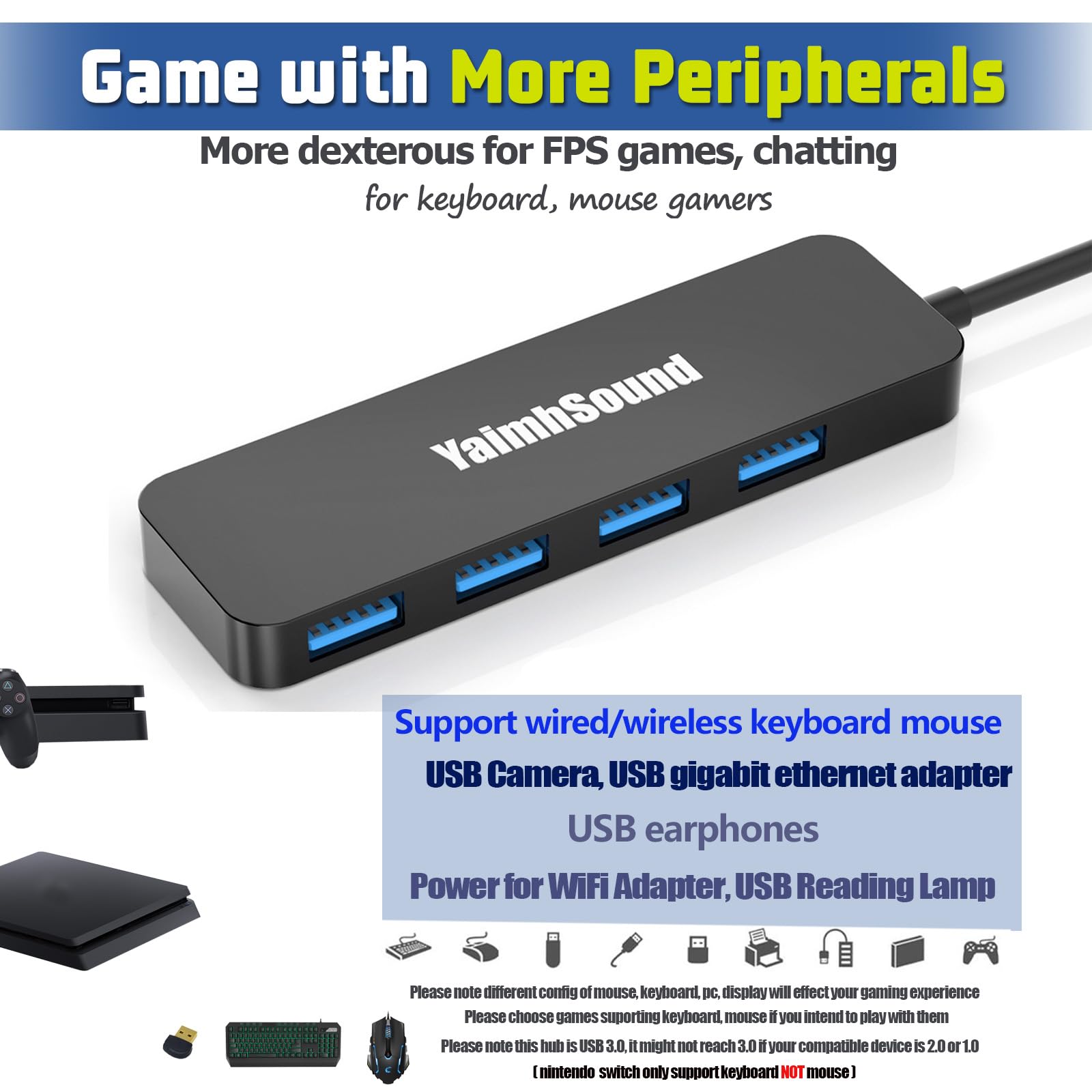 4-Port USB Hub 3.0, YaimhSound USB Splitter for Laptop, Keyboard and Mouse Adapter for Dell, Asus, HP, MacBook, Surface Pro, Acer, Ps4, Xbox, Flash Drive, SSD, Printer, Camera 5