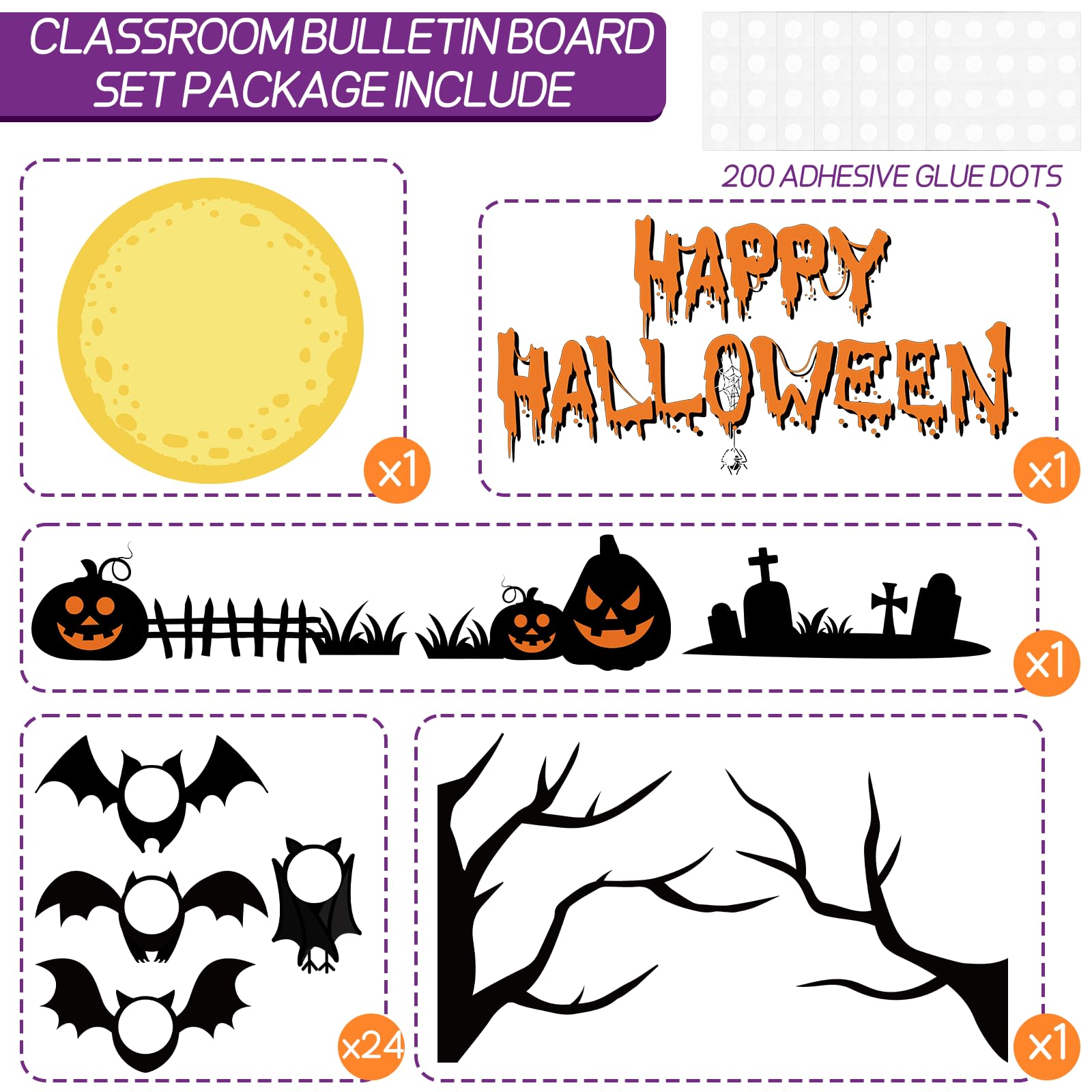 Happy Halloween Bulletin Board Decorations Set Bat Pumpkin Tree Paper Cutouts for Posting Photo Bat Cutouts with October Halloween Cemetery Scene for School Classroom Chalkboard Wall Decor Supplies 4