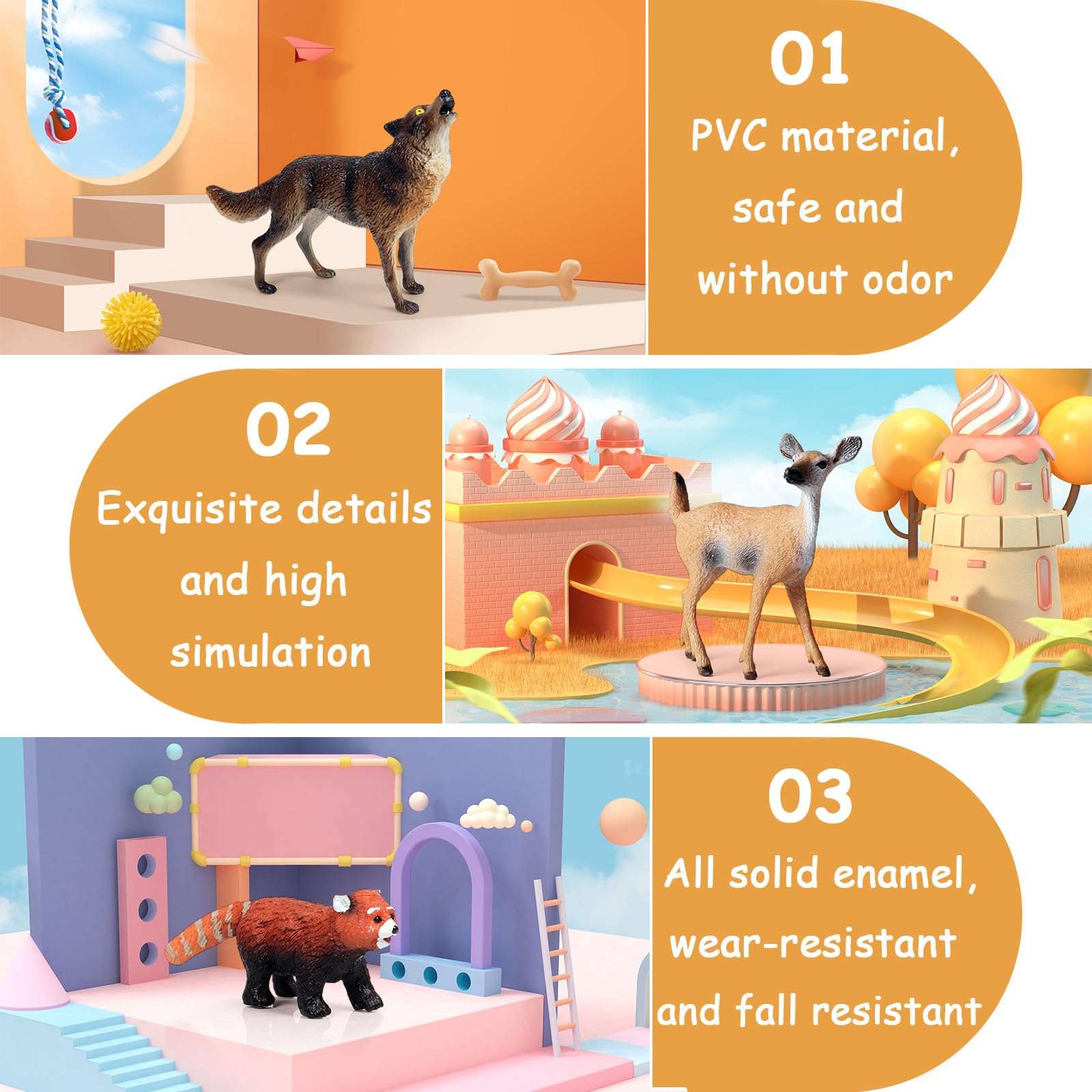 SCAHOW Forest Animal Toys Figures, 10PCS Plastic Woodland Animal Figurines for Cake Topper, Realistic Miniature Wild Creature Toys Set with Elk Deer Wolf Bear etc 6