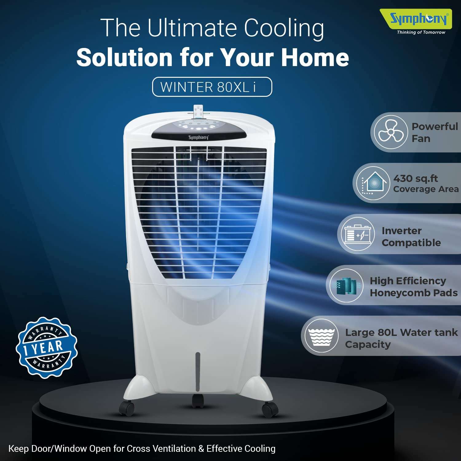 Symphony Winter 80XL i Desert Air Cooler for Home with Powerful Fan, Honeycomb Pads, i-Pure Technology and Low Power Consumption (80L, White) 3