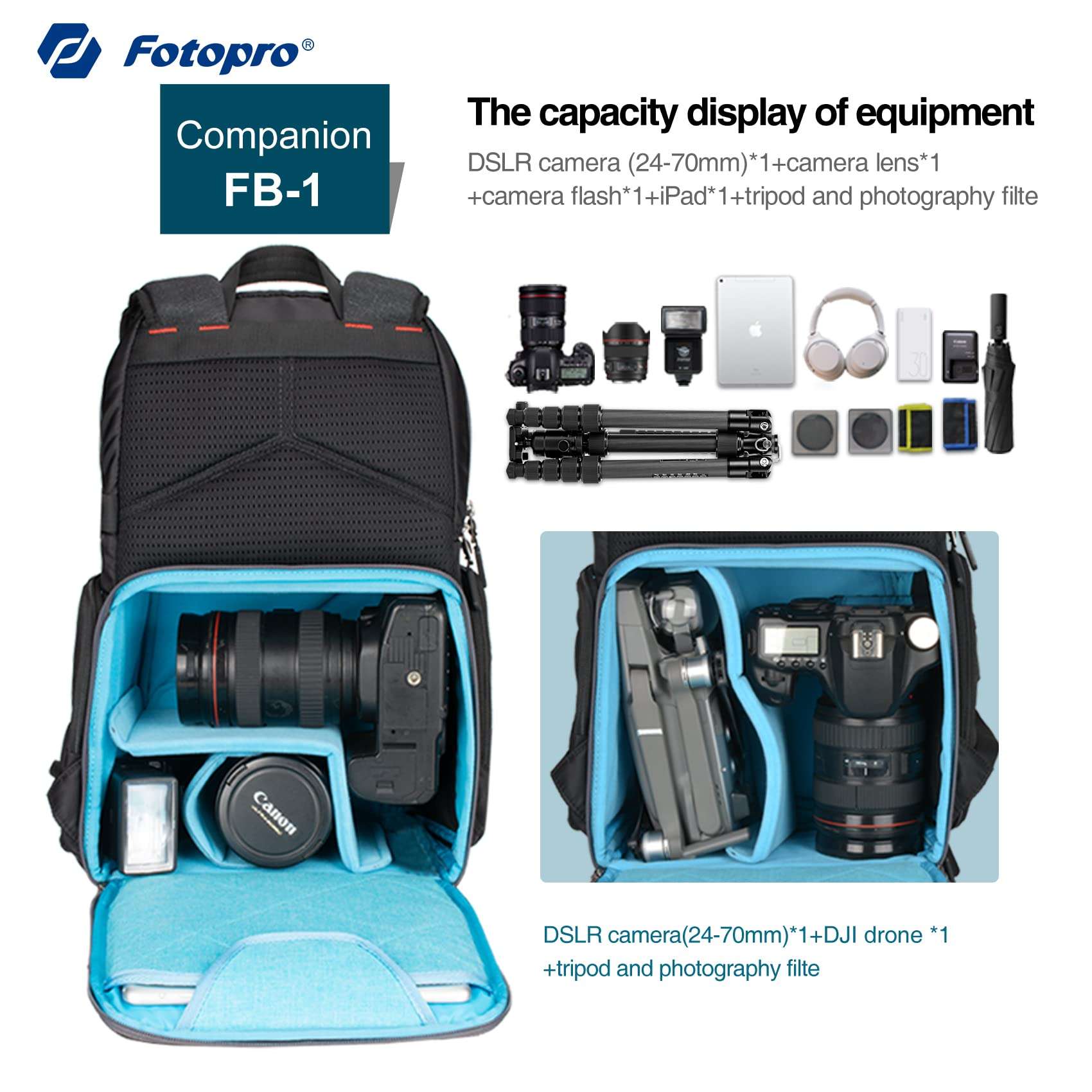 Fotopro Camera Backpack Bag for DSLR Waterproof Large Tactical Camera Backpapck Case with Ipad Compartment Compatible with Camera Drone 2