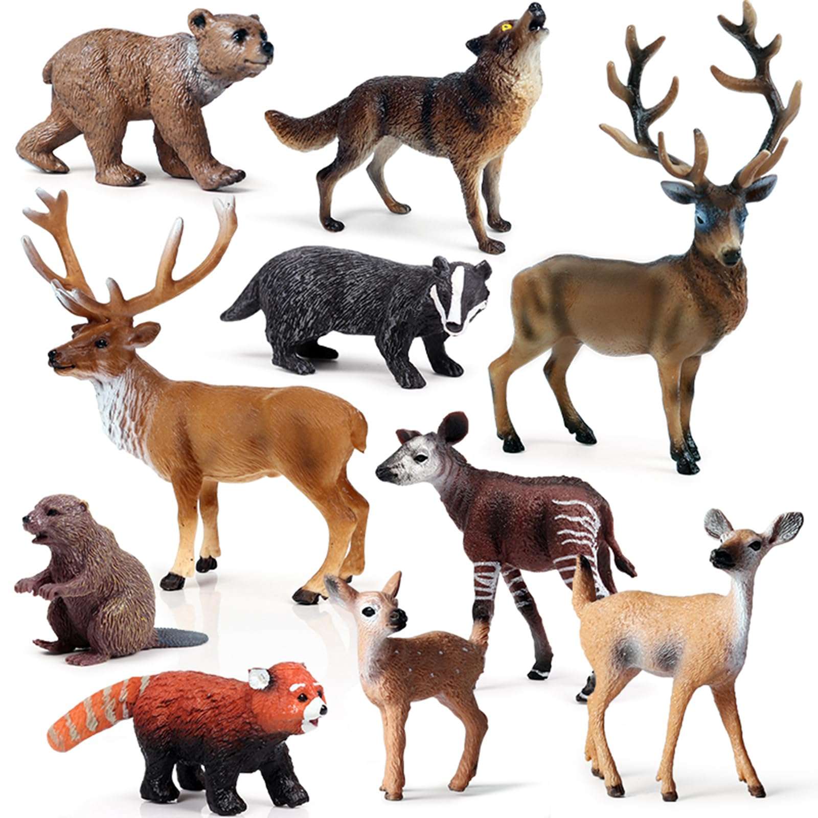 SCAHOW Forest Animal Toys Figures, 10PCS Plastic Woodland Animal Figurines for Cake Topper, Realistic Miniature Wild Creature Toys Set with Elk Deer Wolf Bear etc 1