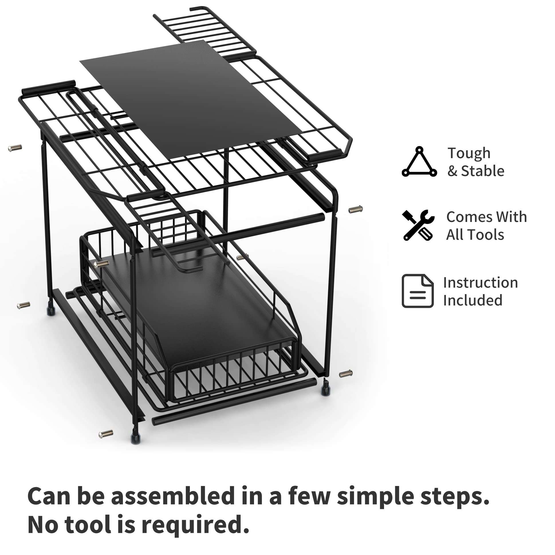 STILLDIO Metal Under Sink Organizer and Storage with 2 Tier Slide Out Wire Baskets Sliding Drawers for Kitchen Bathroom Office Toilet Under Cabinet Shelf Countertop Heavy Duty Collection Space Saver 5
