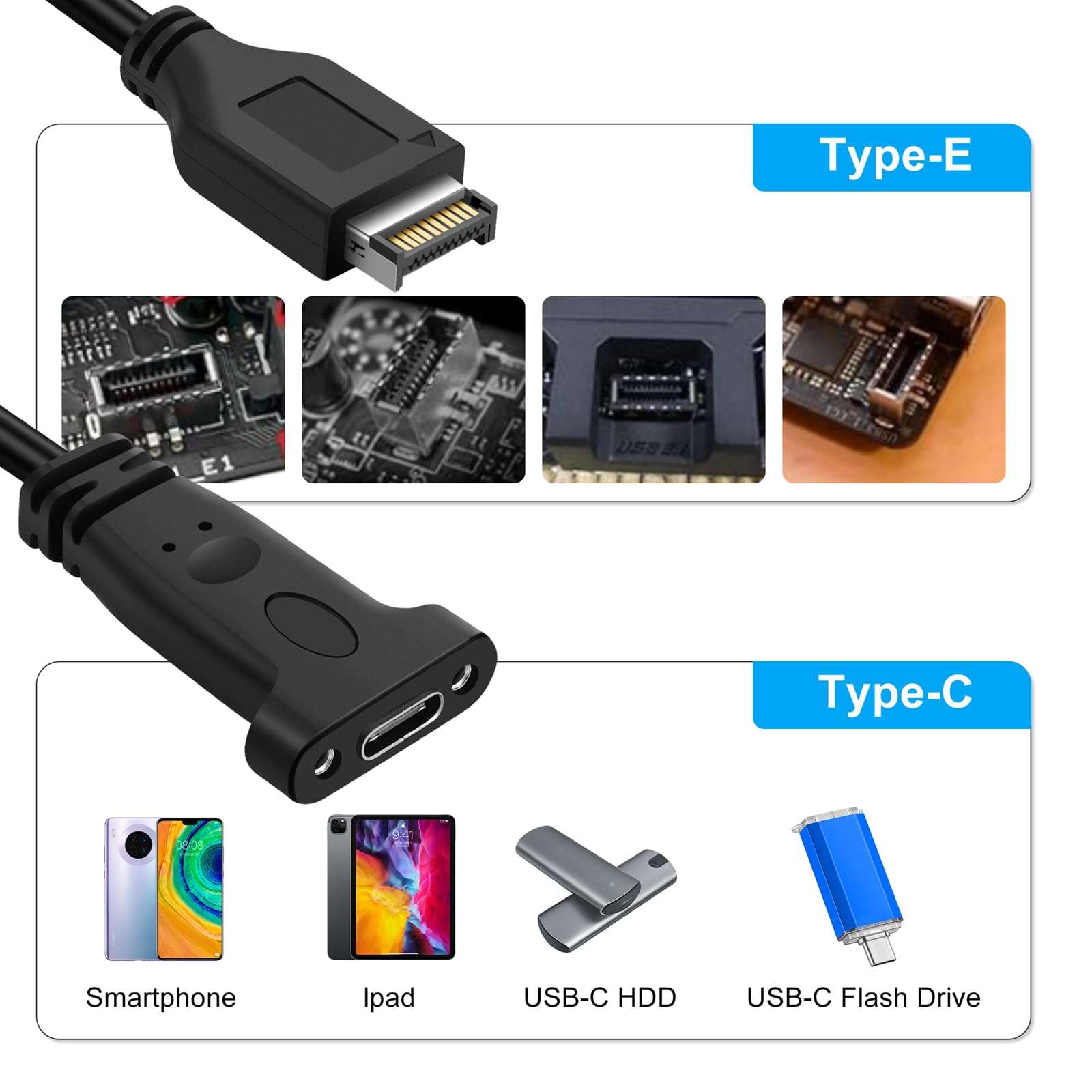 Thzzhnno USB 3.2 Gen 2 USB C Front Panel Adapter Cable 1.6FT, Motherboard Header Extension Cable, USB C 3.1 Type C 10Gbps Female to 20 pin USB Type-E Male Cable with Mount Screw 3