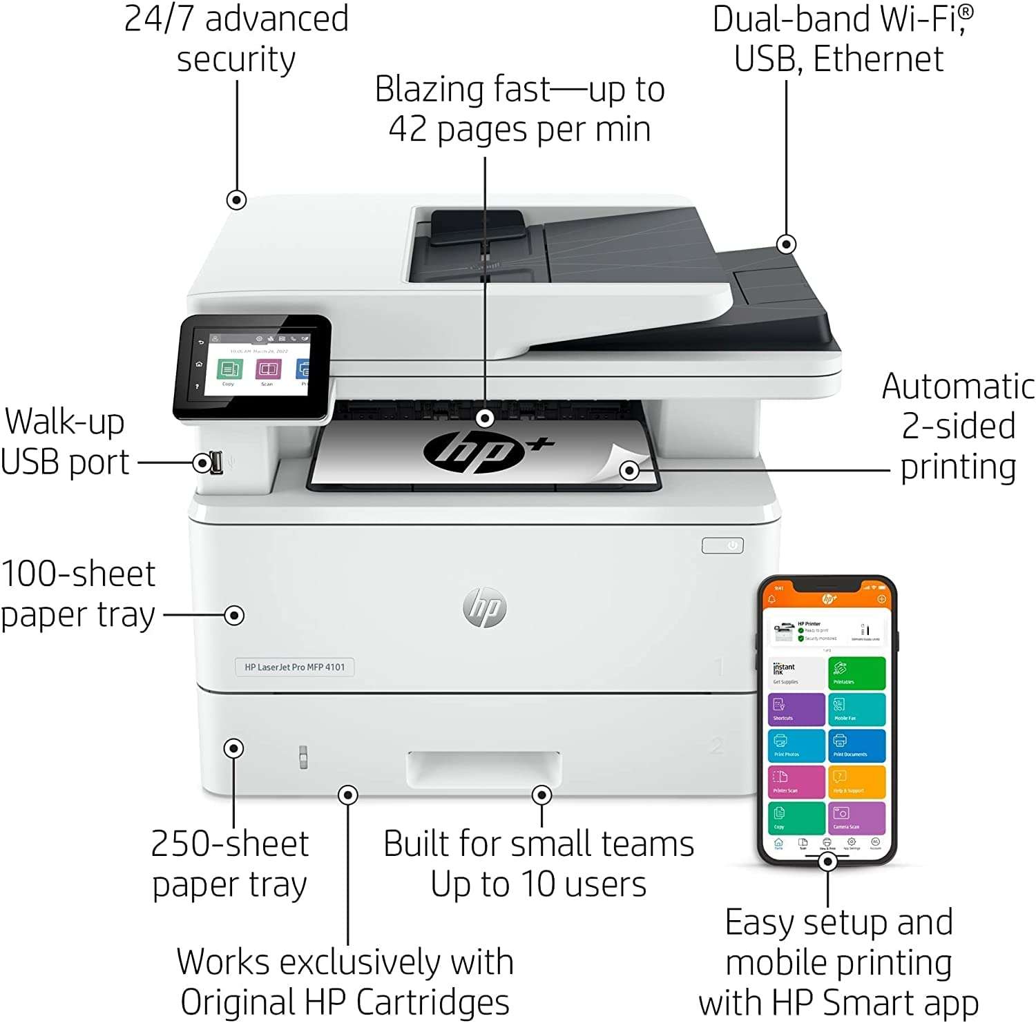 HP Laserjet Pro MFP 4101fdwe Wireless Black & White Printer, Print scan Copy fax, Auto Duplex Printing, 2.7 Inch Touchscreen Display, 42 ppm, 256MB, Bundle with Cefesfy Printer Cable 2