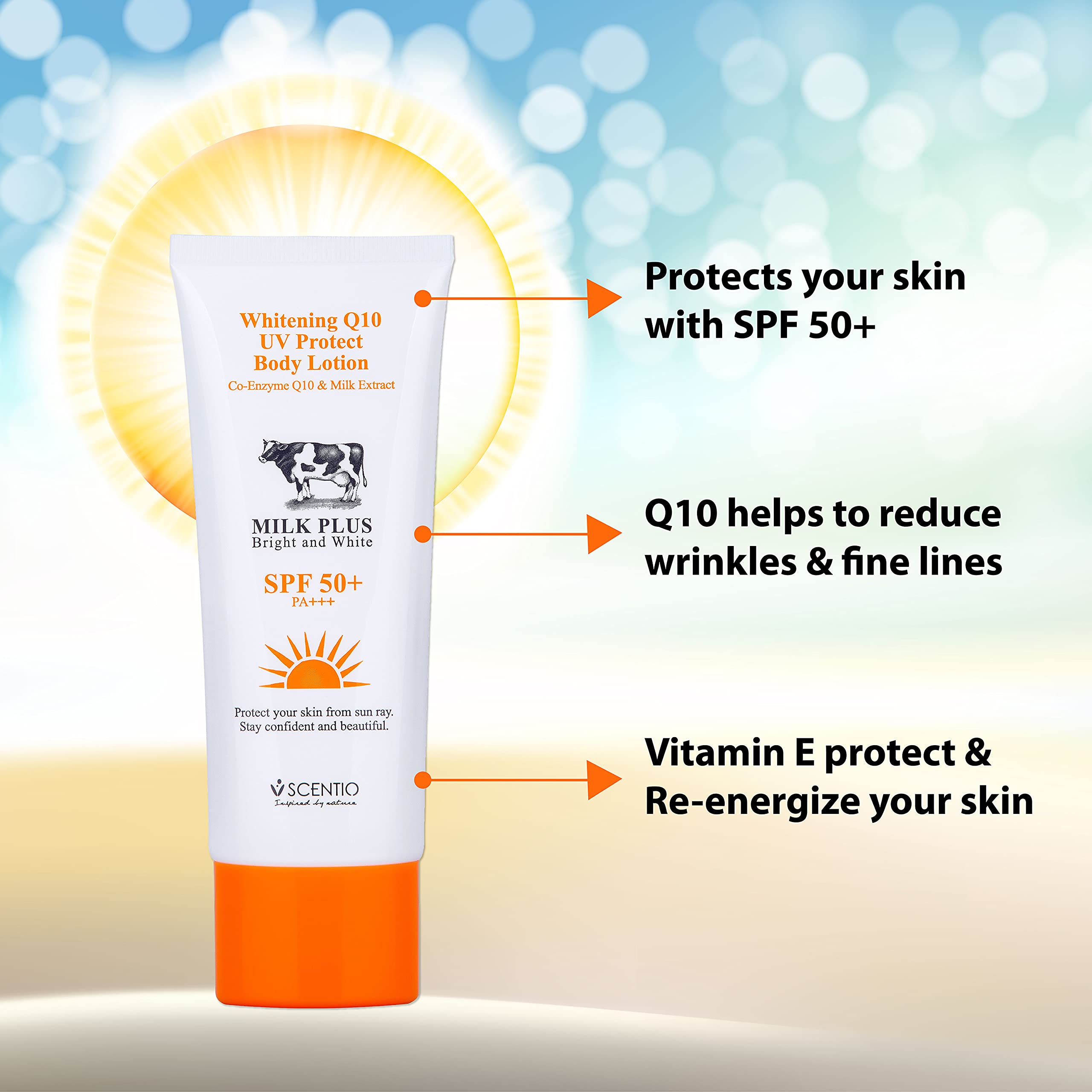 Scentio Milk Plus Organic Whitening Q10 UV Protect Body Lotion SPF50+ PA+++, 100 ml(Made In Thailand) 4