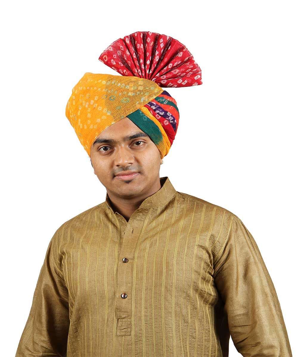 KALAPURI Traditional Handstitched Ready to Wear Panchrangi Jodhpuri Bandhej Cotton Pheta (Turban Safa) for Men for Wedding/Marriage and Traditional Function in 21 Inches 1