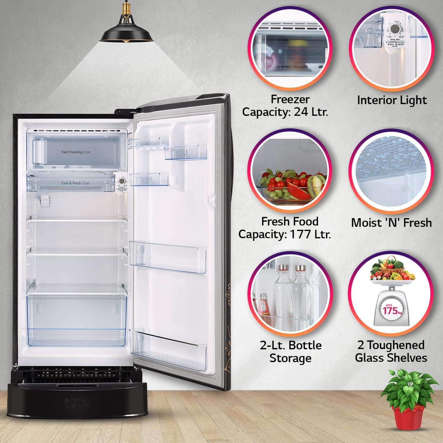 LG 204 L 5 Star Inverter Direct-Cool Single Door Refrigerator (GL-D211HERZ, Ebony Regal, Base stand with drawer, 2022 Model) 2