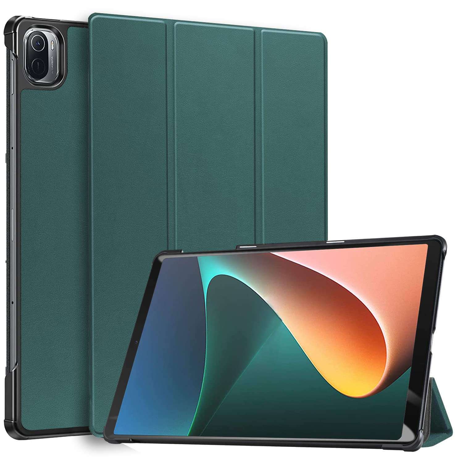 Robustrion Pack of 2 Anti-Scratch & Smudge Proof Tempered Glass Screen Protector & Smart Trifold Hard Back Flip Stand Case Cover for Xiaomi Mi Pad 5 Cover 11 inch - Dark Green 6