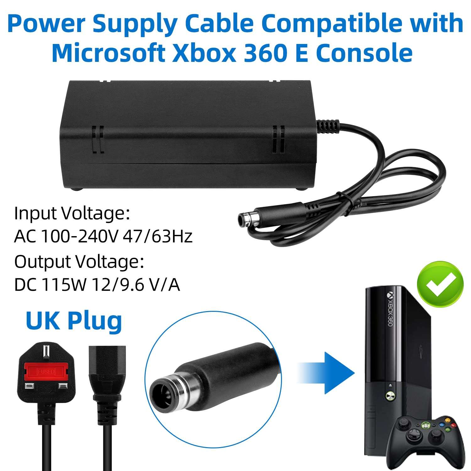 OSTENT UK AC Adapter Charger Power Supply Cable Cord for Microsoft Xbox 360 E Console 3