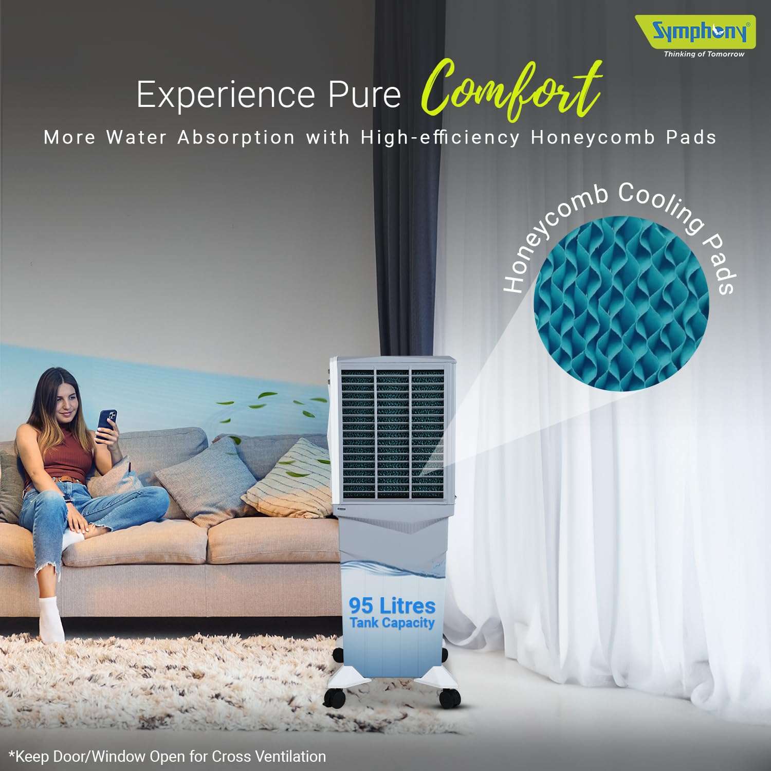 Symphony Jumbo 95XL+ Desert Air Cooler for Home with Honeycomb Pads, Powerful Fan, and Cool Flow Dispenser (95L, White) 3