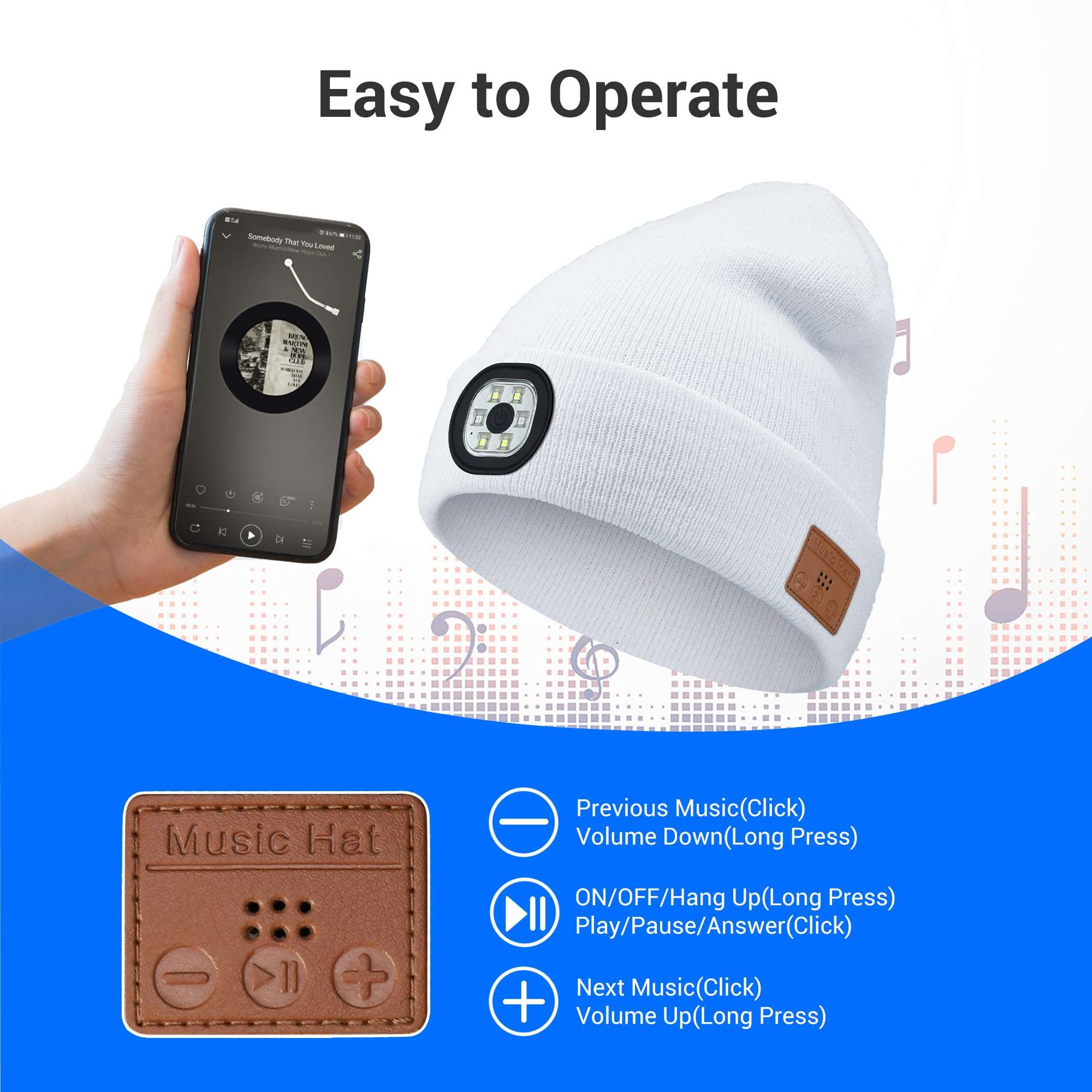 Yontune Bluetooth Hat with Light, Unisex USB Rechargeable 6 LED Headlamp Beanie Cap with Headphones Black Winter Lighted Beanie for Outdoor Sports 5