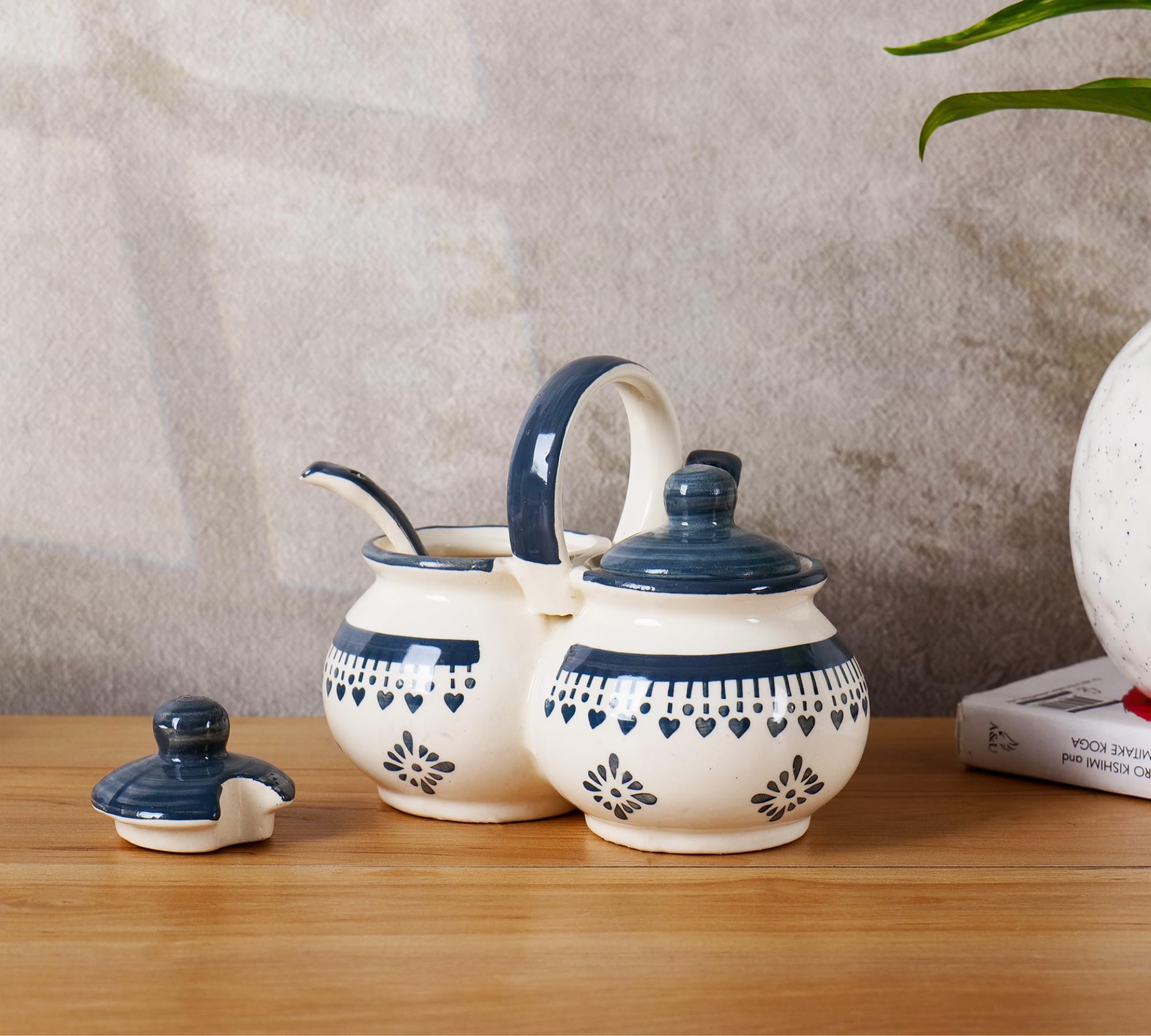 Niyara Multipurpose Storage Ceramic Pickle set Jars & with Lid & tray (Set of 2, 300 ML) (Grey flower design) 4