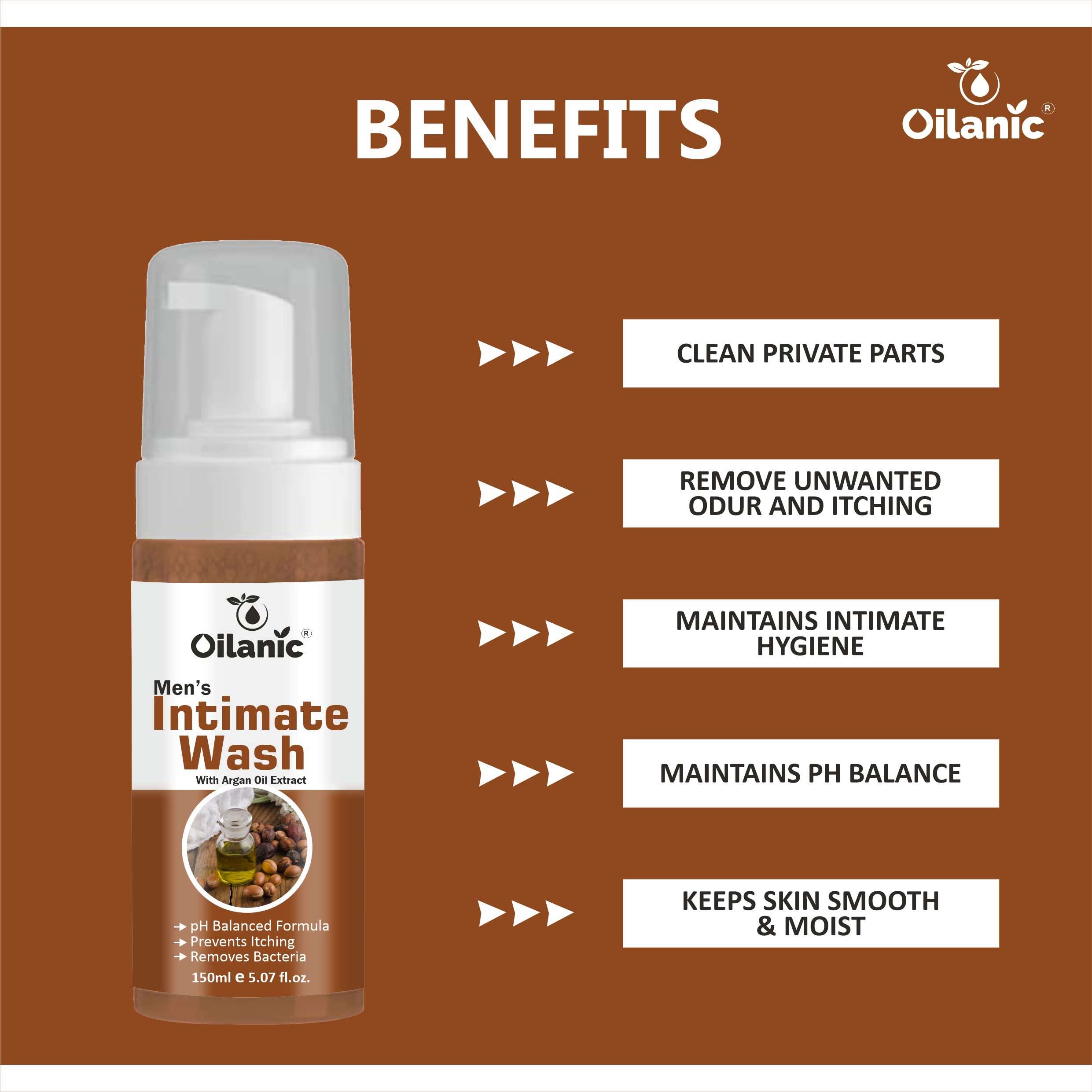 Oilanic Natural Men's Intimate Wash with Argan Extract (Pack of 3, Each 150 ml)|pH-Balanced Hygiene Wash for Daily Freshness and Odor Control Gentle Cleanser for Sensitive Skin Chemical free| 5