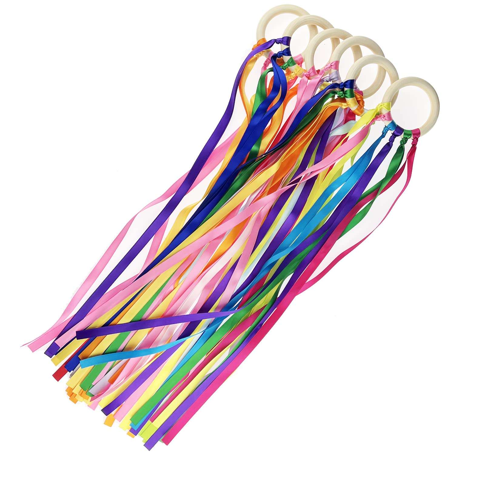 Miokun 24 Pack Hand Kite with Ribbon Streamer and Wood Ring Sensory Learning Educational Toy for Playroom Dance Birthday Gifts (24) 6