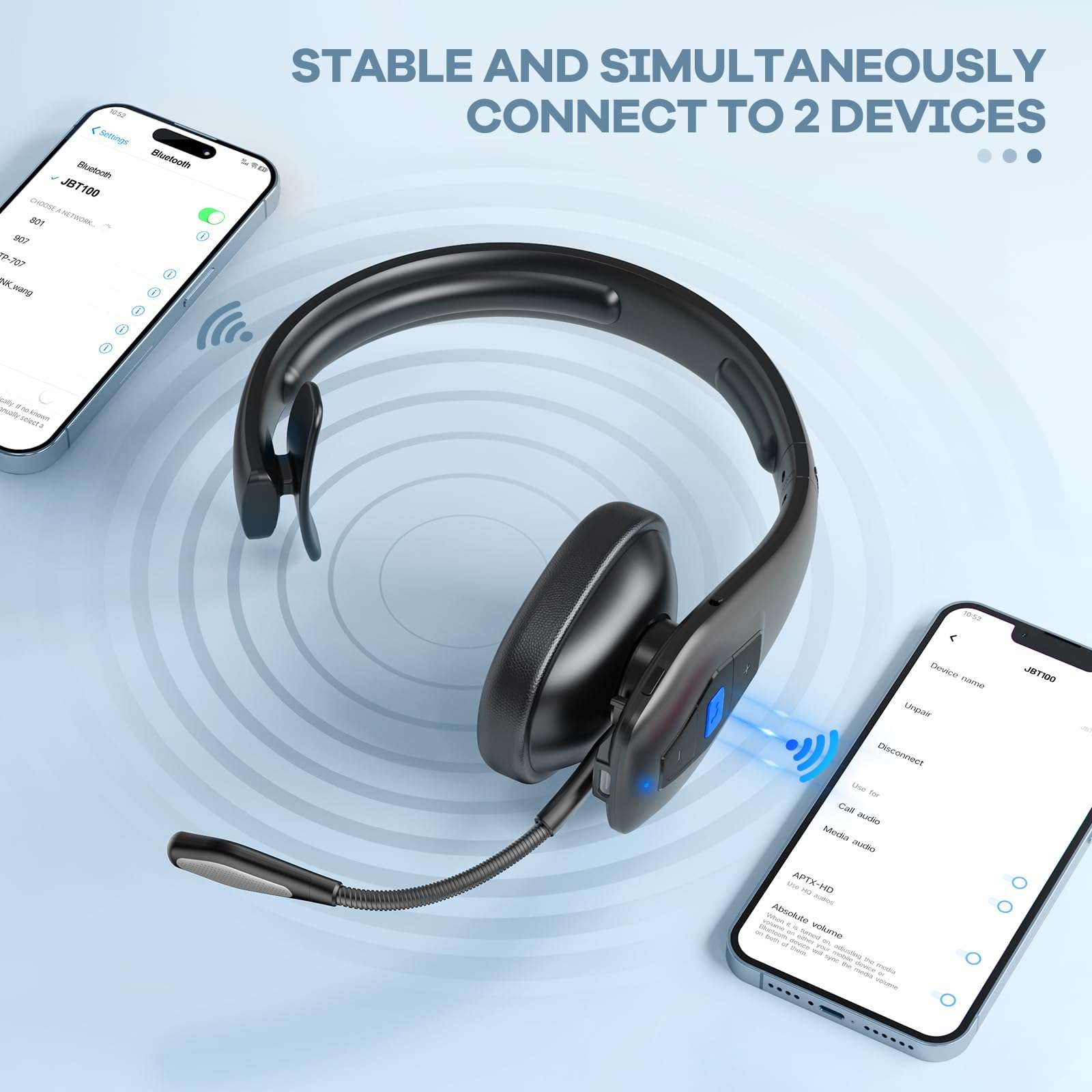 CONAMBO JBT100 Trucker Bluetooth Headset with Dual Mic Noise Canceling, CVC8.0, Mute Button, 60Hrs Battery Wireless Headset, On Ear Headphone for Cell Phones Business Home Driver Office Work 4