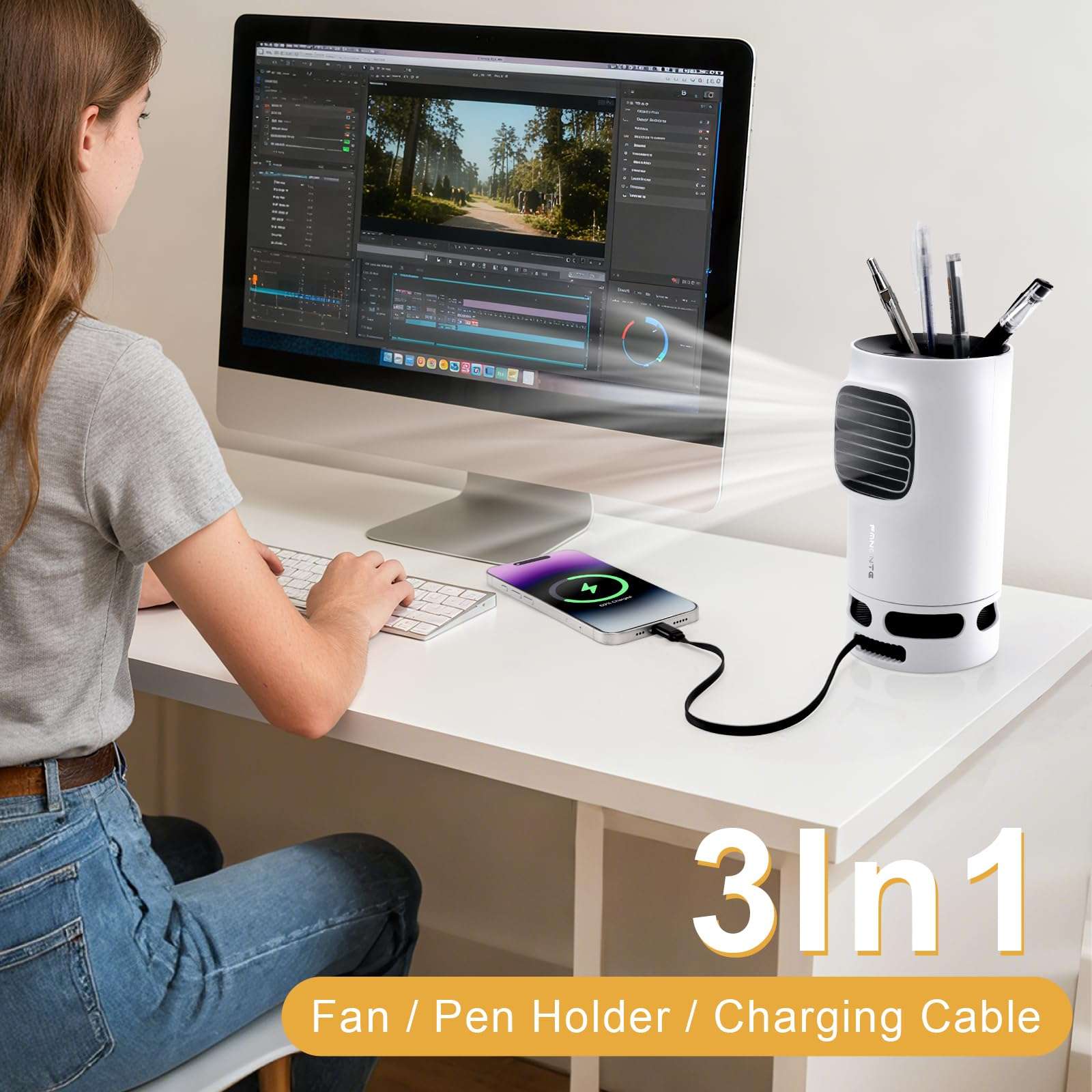 Pen Holder with Desktop Fan Charger Desk Organizer for Desk, 15W Fast Wireless Charger with Pen Holder for Home Office Supplies, Compatible with iPhone and Samsung 3