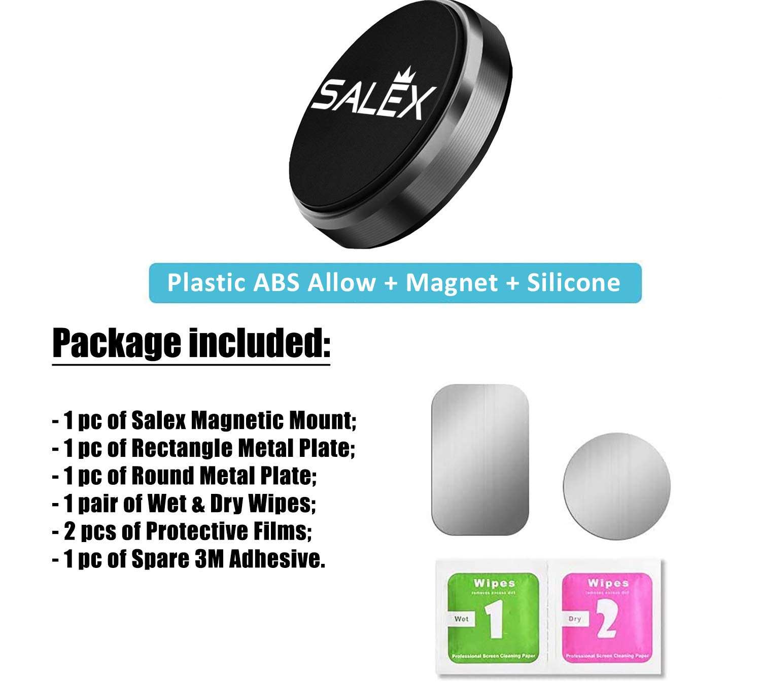 SALEX Flat Magnetic Mounts 3 Pack. Silver Cell Phone Holder Stick on Car Dashboard, Wall, Mirror, Truck, Desk. Universal Flat Magnet Kit for Mobile Devices, Tablets, Smartphones up to 13.3 Inches. 3