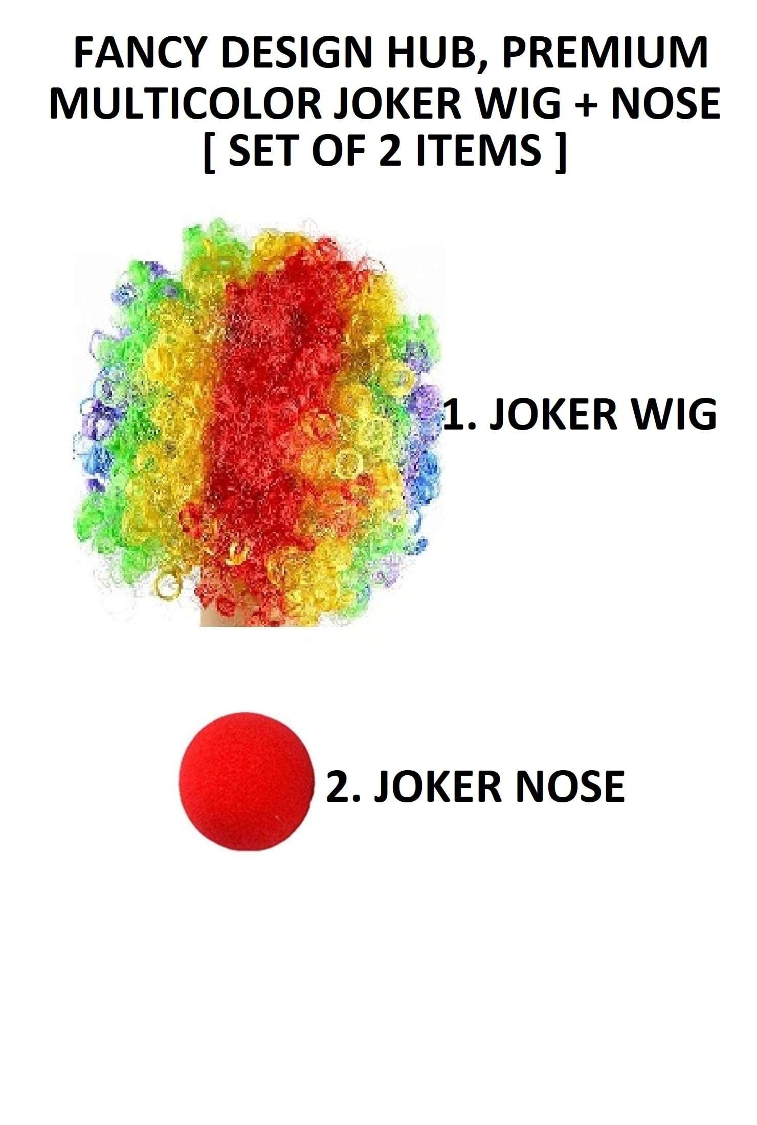 Fancy Design Hub, Halloween Joker Mask+ Nose + Multicolor Joker Wig for Kids, Boys & Girls, Halloween Kids Joker Set of 3 Items, Kids Fancy Dresses. (Multicolor Joker Hair Wig + Nose) 3