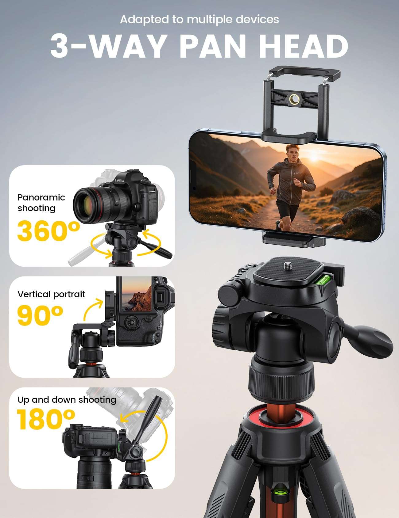 Lamicall Camera Tripod - 17.6LBS Max Load Tripod for Camera with Rapid Leg Deployment Phone Tripods for Video Recording Photo Vlog, 67" Camera Stand with Phone Holder & Carry Bag for DSLR Orange 5