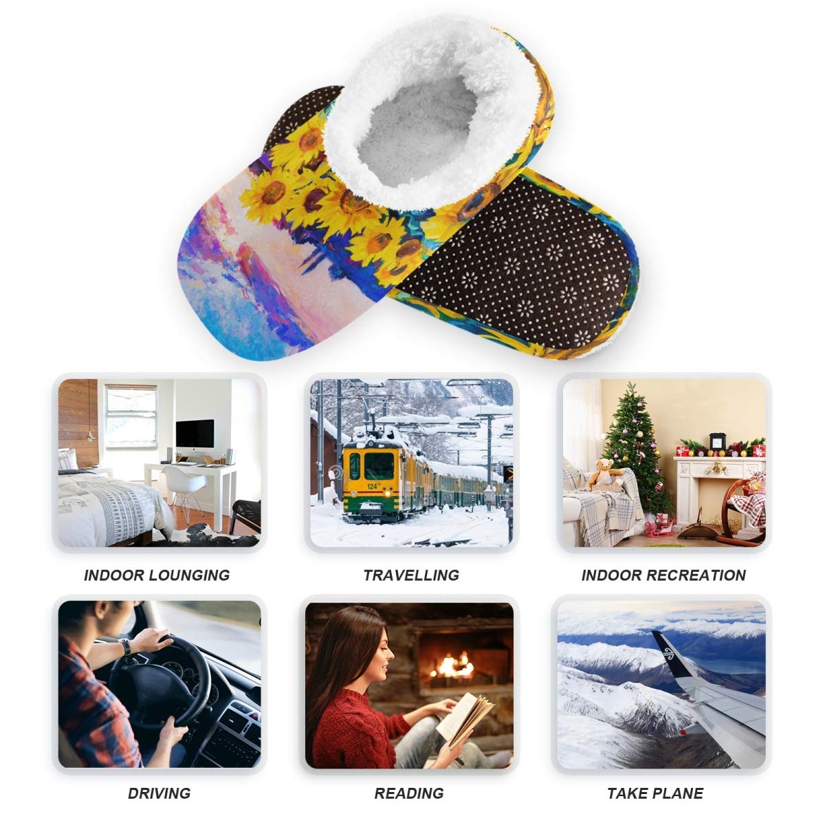linqin Fuzzy Feet Slippers for Women and Men, Winter House Slippers Soft Warm Indoor Bedroom Home Shoes with Non Skid Sole - Oil Painting Sunflower, 1 4
