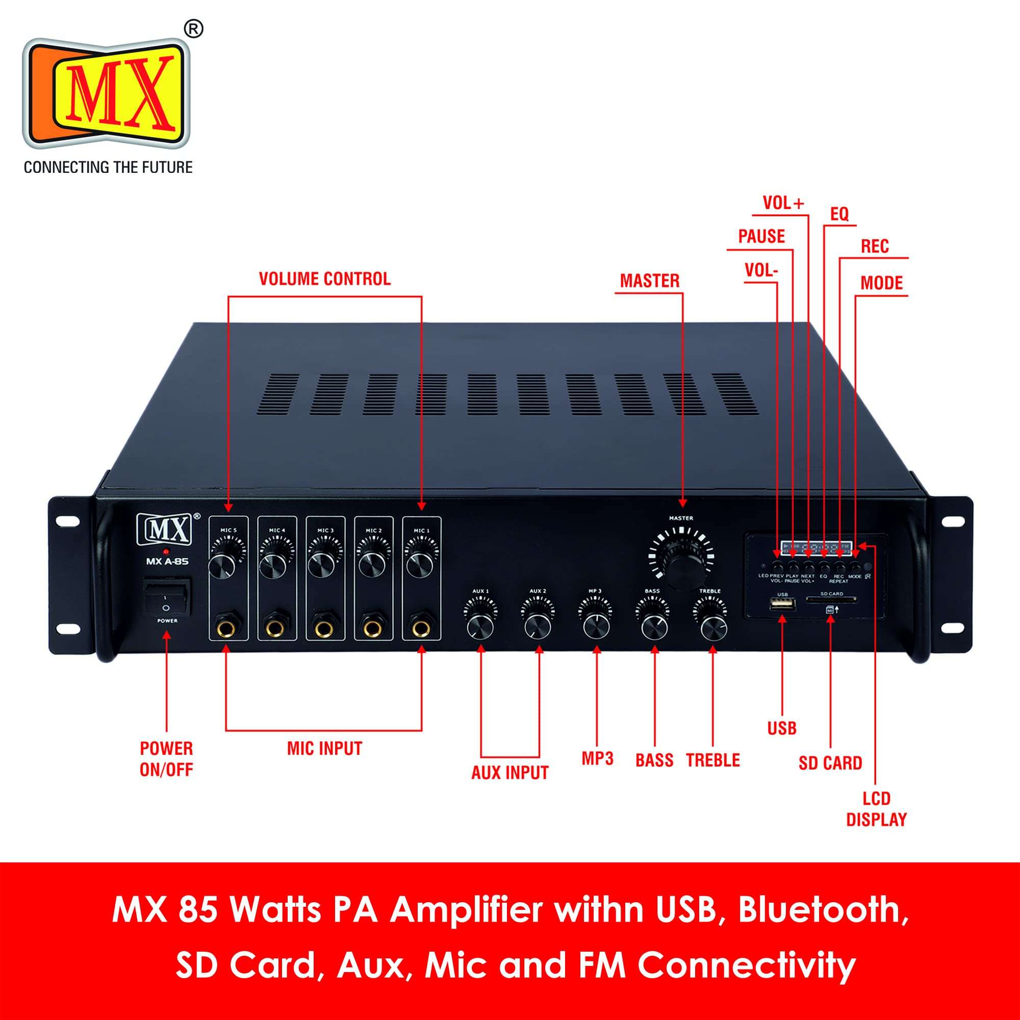 MX (A-85) PA AMPLIFIER WITH LCD DISPLAY,KARAOKE FUNCTION,USB,AUX,MIC,BLUETOOTH,LINE PERFECT FOR HOME AND OUTDOOR FUNCTION 3