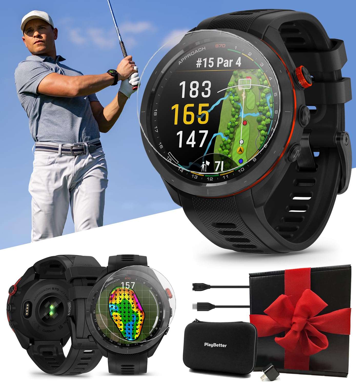 Garmin Approach S70 (Black, 47mm) Golf GPS Watch - AMOLED Display, Virtual Caddie & Playslike Distance - Gift Box Bundle with PlayBetter Screen Protectors, Wall Adapter & Hard Case 2